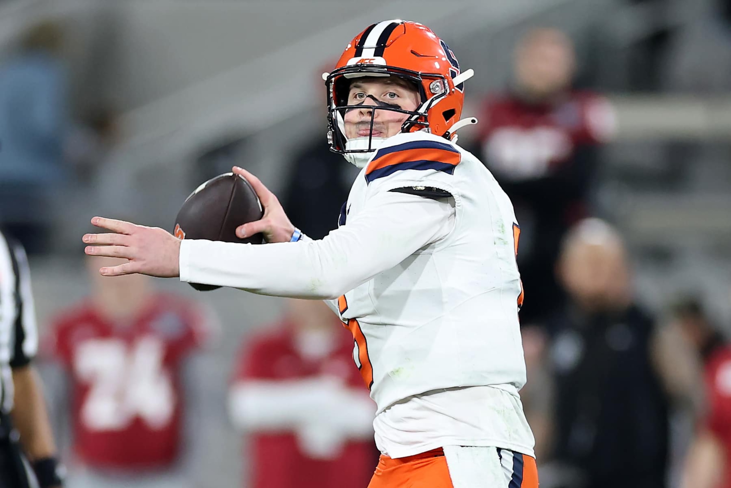 SAN DIEGO, CALIFORNIA - DECEMBER 27: Kyle McCord #6 of the Syracuse Orange drops back to pass during the first half of the DirecTV Holiday Bowl against the Washington State Cougars at Snapdragon Stadium on December 27, 2024 in San Diego, California. (Photo by Sean M. Haffey/Getty Images)