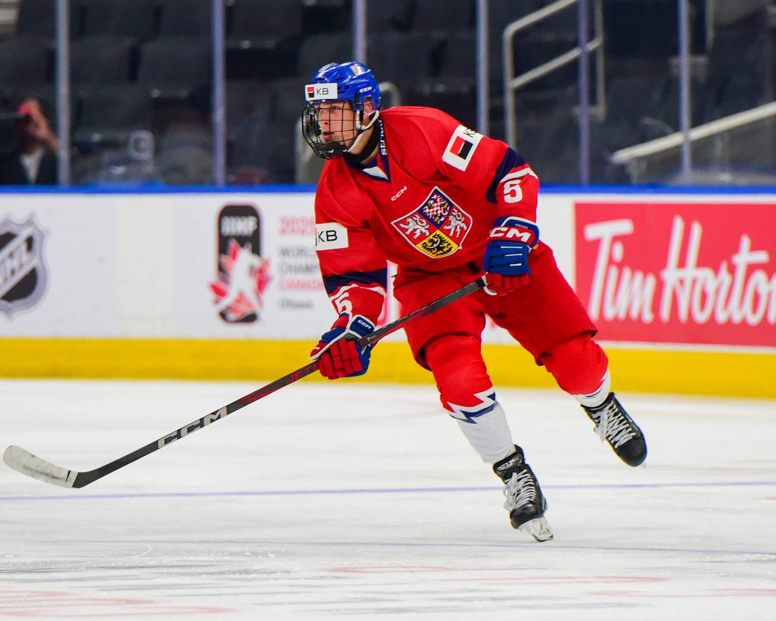 EDMONTON, CANADA  AUGUST 05: Radim Mrtka #5 of Team Czechia in action against Team USA during the preliminary round of the 2024 Hlinka Gretzky Cup at Rogers Place on August 05, 2024, in Edmonton, Alberta, Canada. (Photo by Leila Devlin/Getty Images)