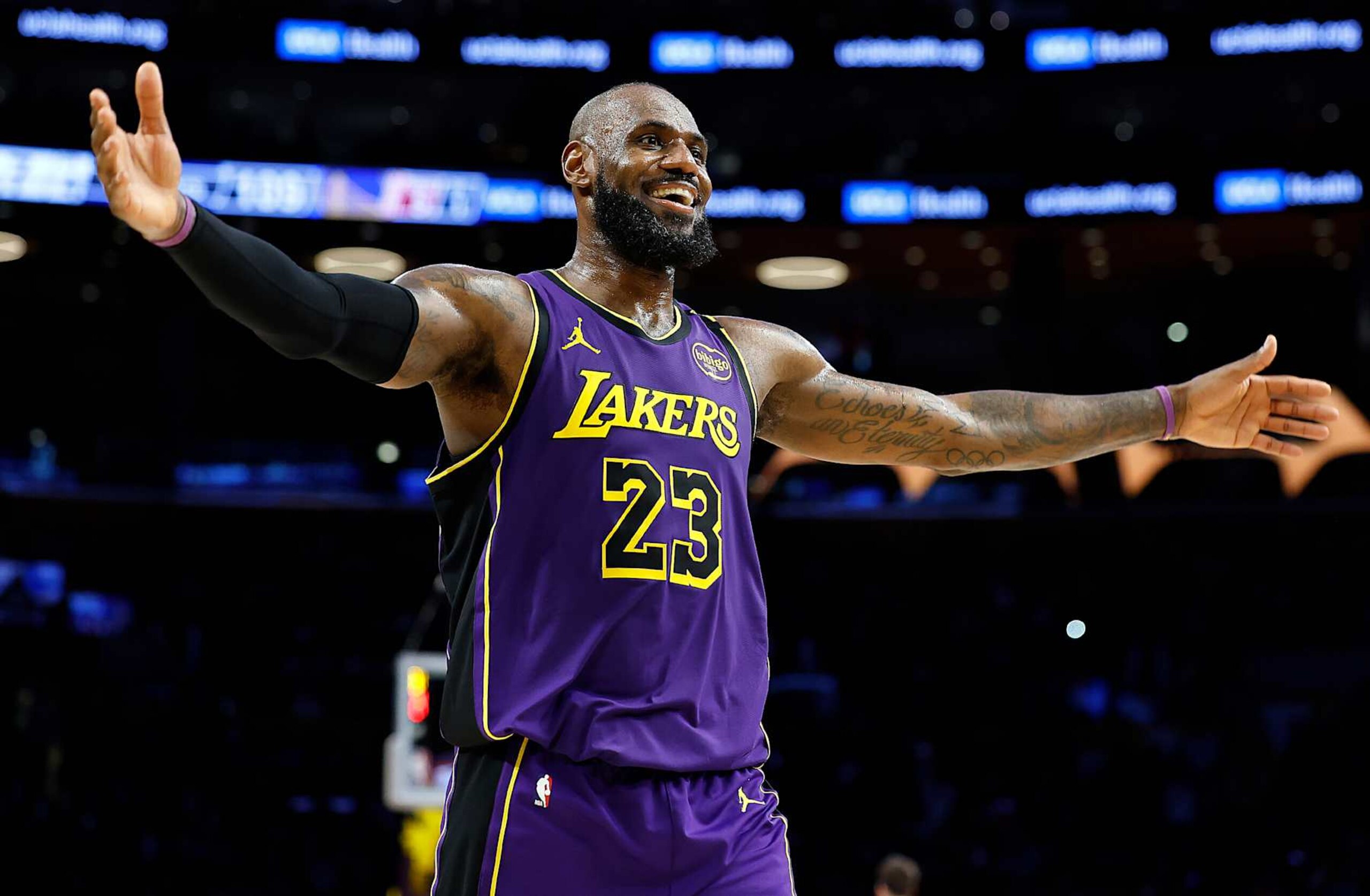 LOS ANGELES, CALIFORNIA - FEBRUARY 06: LeBron James #23 of the Los Angeles Lakers reacts during a 120-112 win against the Golden State Warriors in the second half at Crypto.com Arena on February 06, 2025 in Los Angeles, California. NOTE TO USER: User expressly acknowledges and agrees that, by downloading and or using this photograph, User is consenting to the terms and conditions of the Getty Images License Agreement. (Photo by Ronald Martinez/Getty Images) LOS ANGELES, CALIFORNIA - FEBRUARY 06: LeBron James #23 of the Los Angeles Lakers reacts during a 120-112 win against the Golden State Warriors in the second half at Crypto.com Arena on February 06, 2025 in Los Angeles, California. NOTE TO USER: User expressly acknowledges and agrees that, by downloading and or using this photograph, User is consenting to the terms and conditions of the Getty Images License Agreement. (Photo by Ronald Martinez/Getty Images)