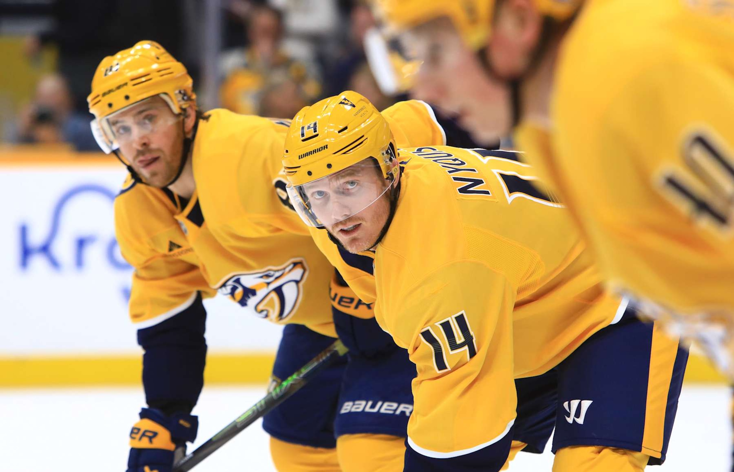 NASHVILLE, TN - FEBRUARY 03: Nashville Predators right wing Gustav Nyquist (14) is shown during the NHL game between the Nashville Predators and Ottawa Senators, held on February 3, 2025, at Bridgestone Arena in Nashville, Tennessee.  (Photo by Danny Murphy/Icon Sportswire via Getty Images)