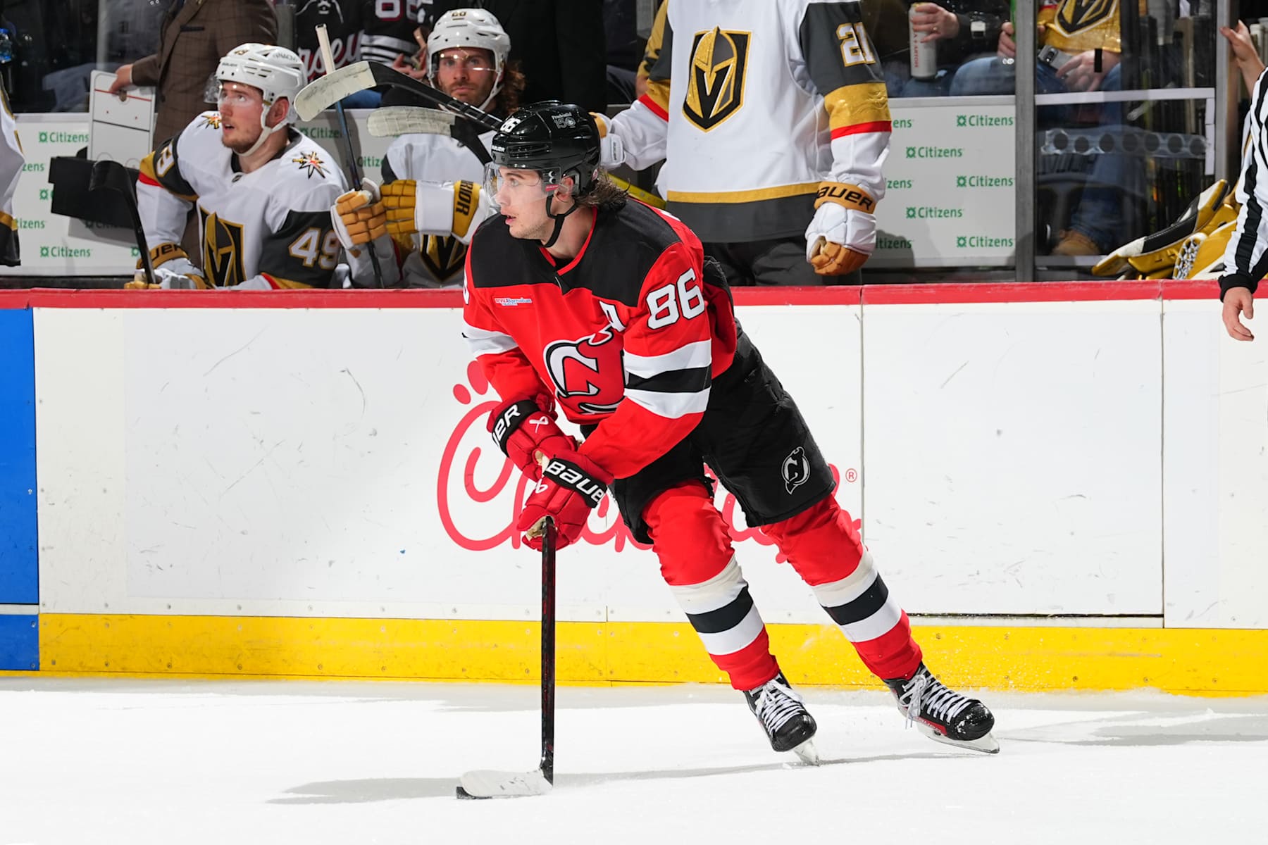 NEWARK, NJ - FEBRUARY 06: Jack Hughes #86 of the New Jersey Devils skates in the second period of the game against the Vegas Golden Knights at Prudential Center on February 6, 2025 in Newark, New Jersey.  (Photo by Rich Graessle/NHLI via Getty Images)