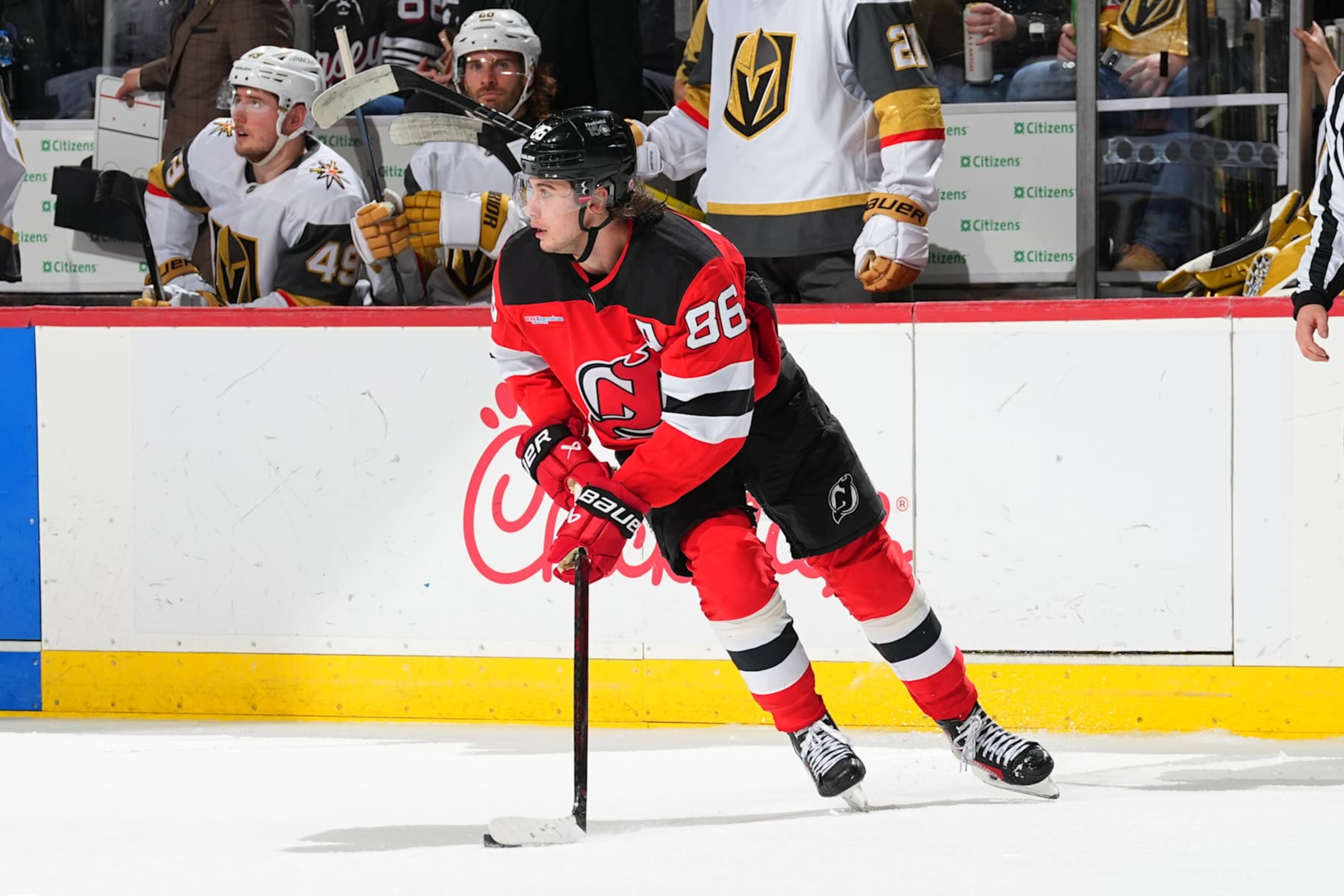 NEWARK, NJ - FEBRUARY 06: Jack Hughes #86 of the New Jersey Devils skates in the second period of the game against the Vegas Golden Knights at Prudential Center on February 6, 2025 in Newark, New Jersey.  (Photo by Rich Graessle/NHLI via Getty Images)