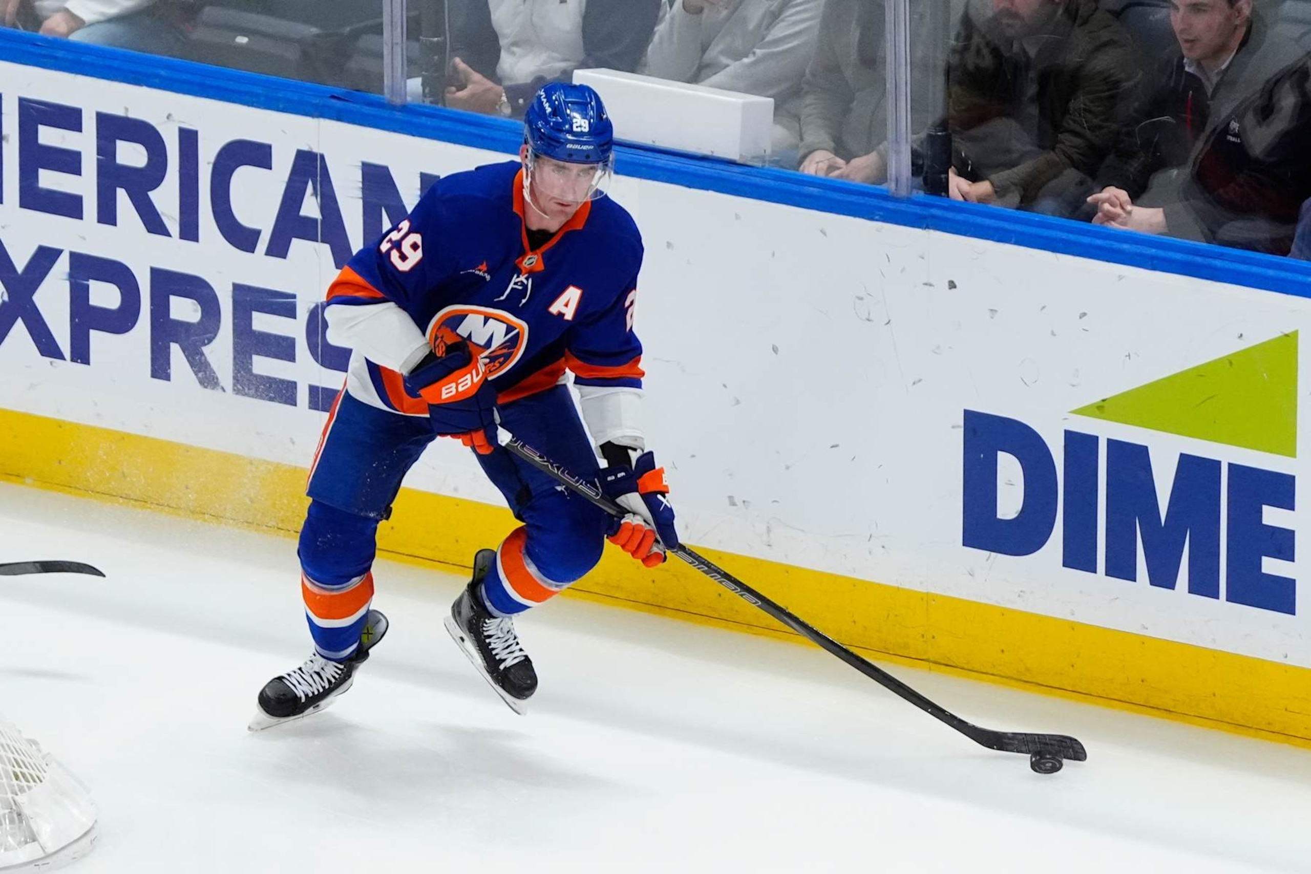 ELMONT, NY - FEBRUARY 04: New York Islanders Center Brock Nelson (29) skates with the puck during the first period of the National Hockey League game between the Vegas Golden Knights and the New York Islanders on February 4, 2025, at UBS Arena in Elmont, NY. (Photo by Gregory Fisher/Icon Sportswire via Getty Images)