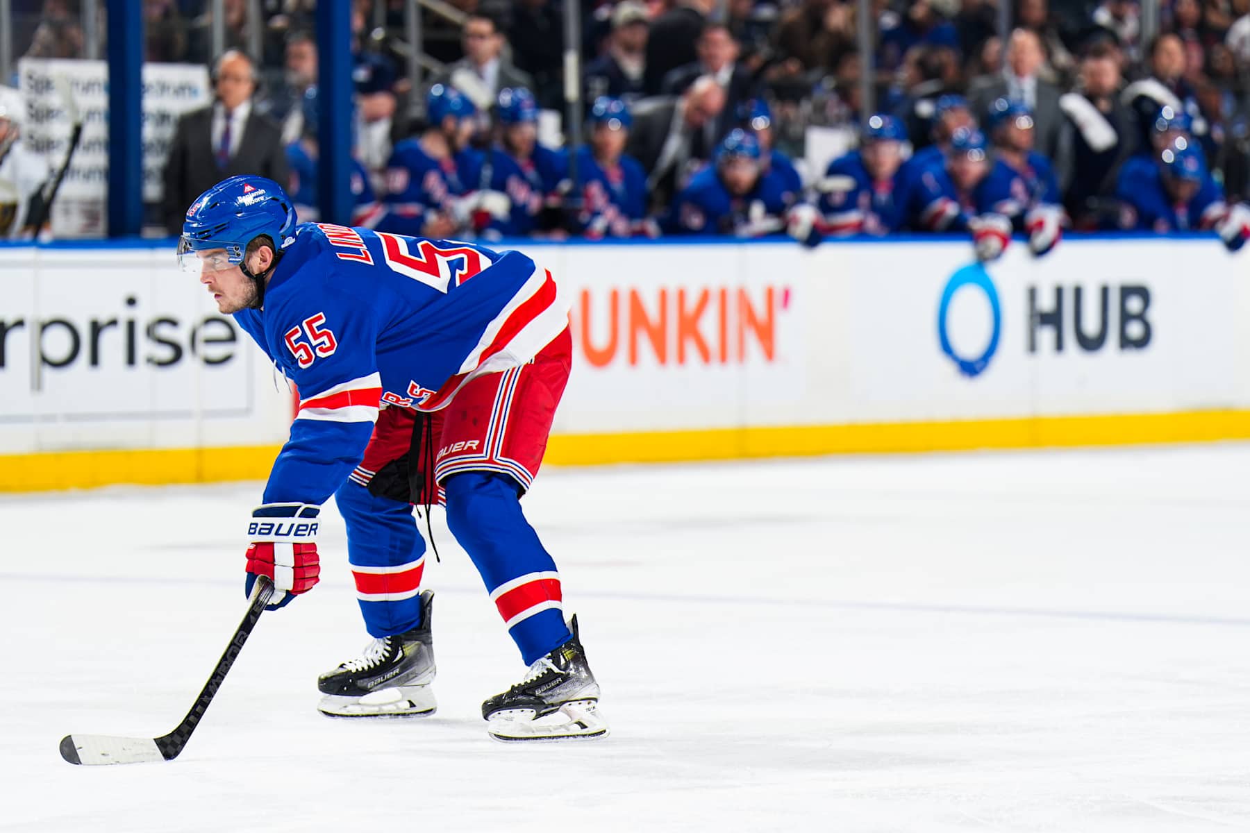 NEW YORK, NEW YORK - FEBRUARY 02:  Ryan Lindgren #55 of the New York Rangers skates against the Vegas Golden Knights at Madison Square Garden on February 2, 2025 in New York City. (Photo by Jared Silber/NHLI via Getty Images)