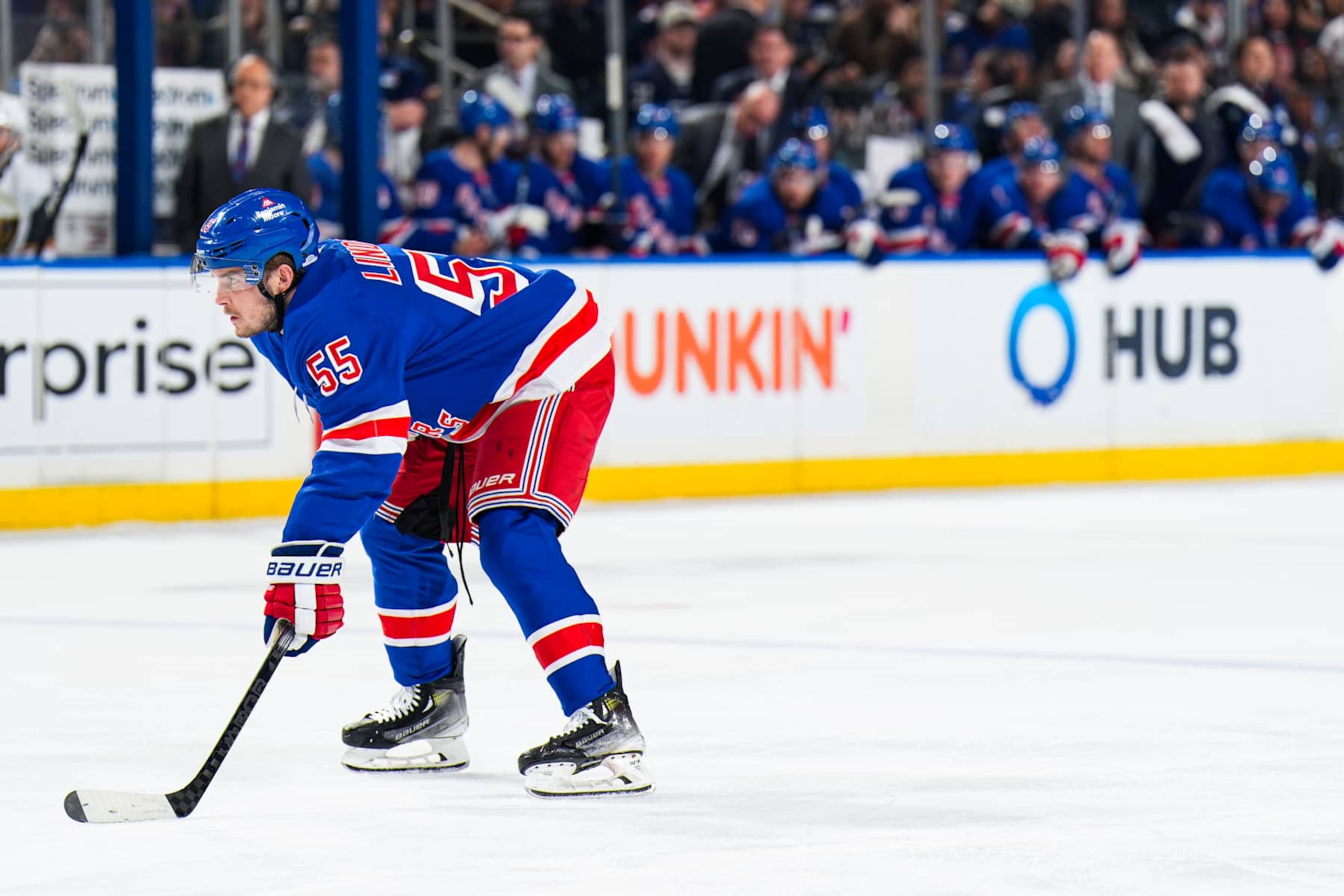 NEW YORK, NEW YORK - FEBRUARY 02:  Ryan Lindgren #55 of the New York Rangers skates against the Vegas Golden Knights at Madison Square Garden on February 2, 2025 in New York City. (Photo by Jared Silber/NHLI via Getty Images)