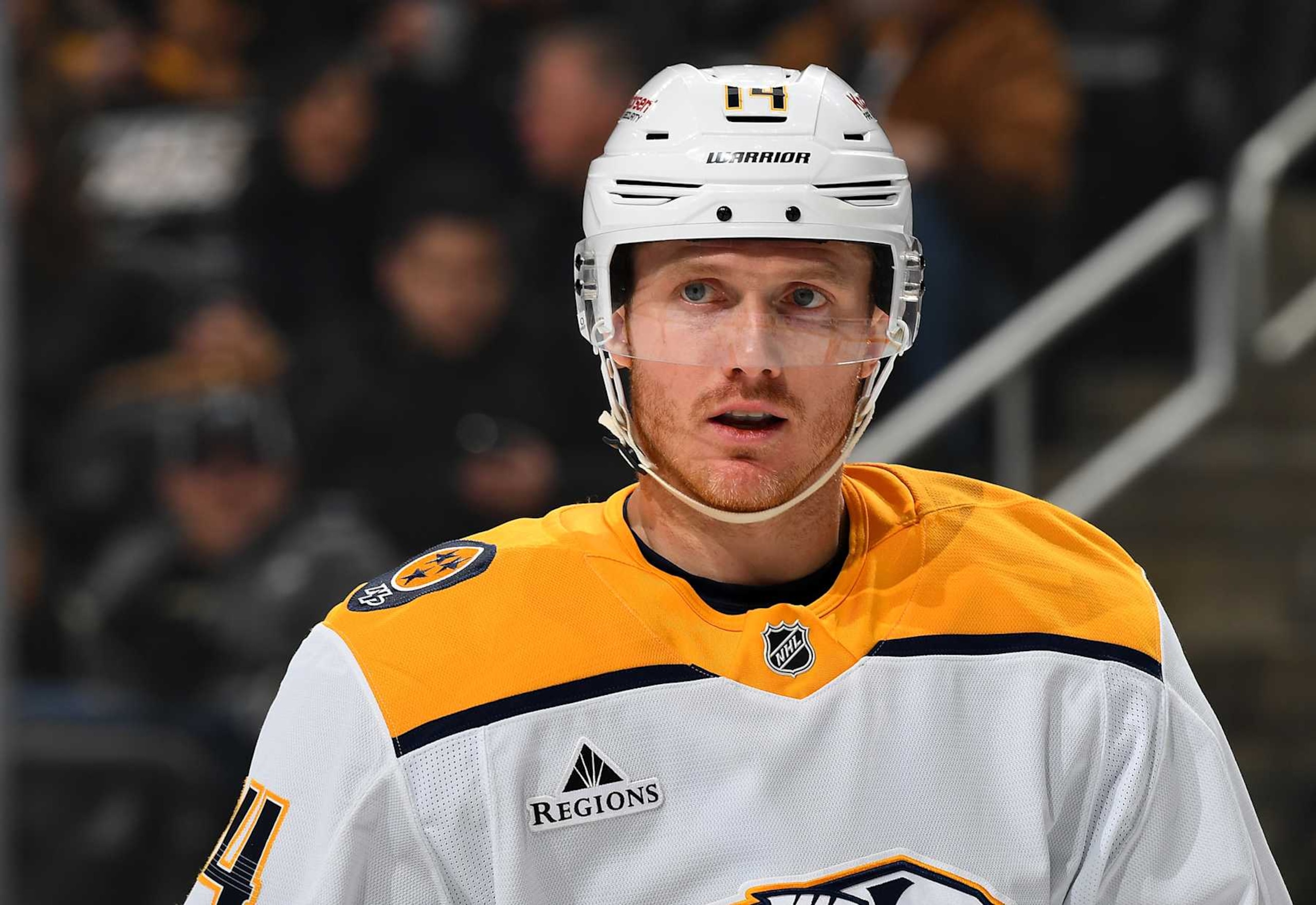 PITTSBURGH, PA - FEBRUARY 1:  Gustav Nyquist #14 of the Nashville Predators skates during the game against the Pittsburgh Penguins at PPG PAINTS Arena on February 1, 2025 in Pittsburgh, Pennsylvania. (Photo by Joe Sargent/NHLI via Getty Images)