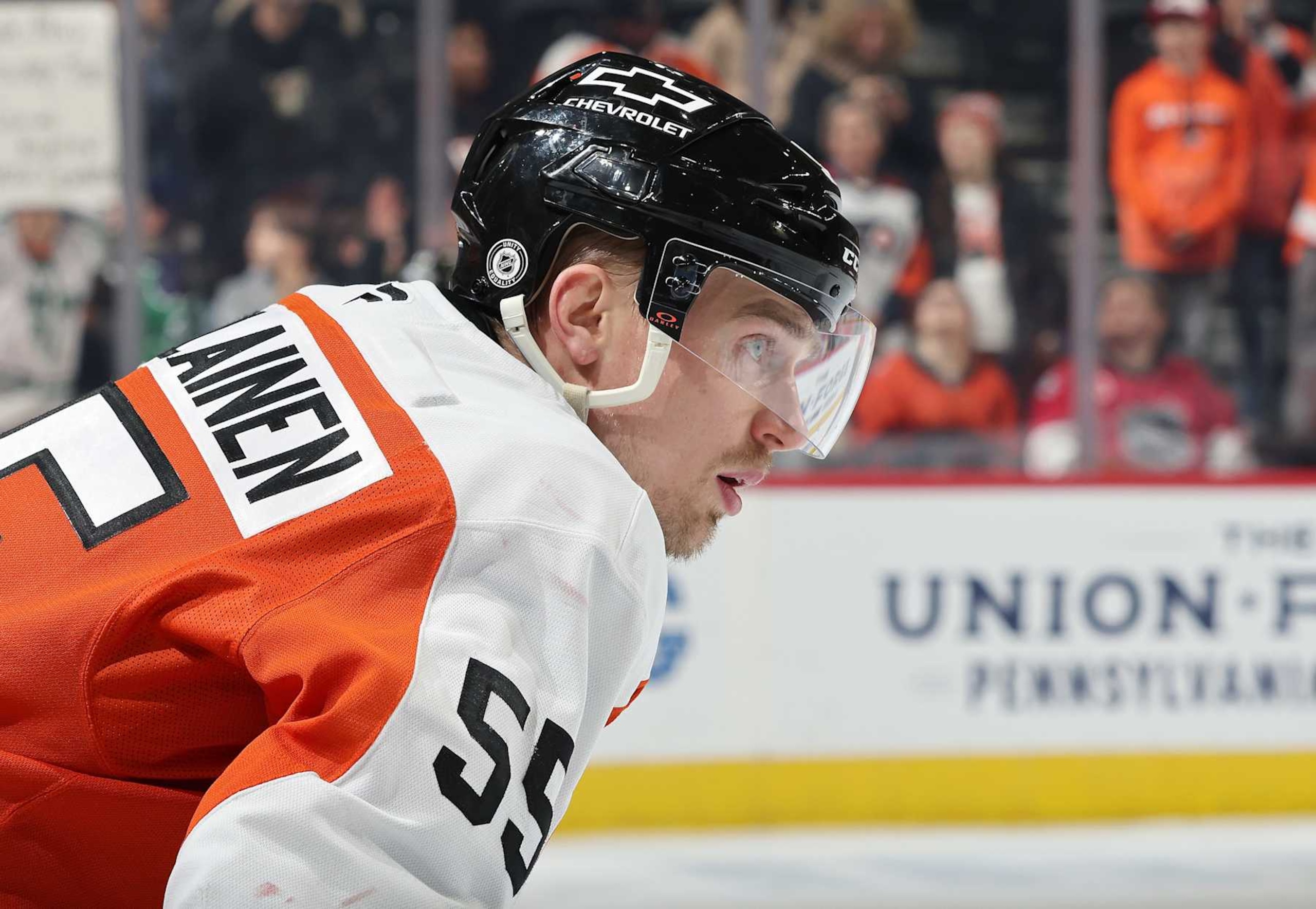 PHILADELPHIA, PENNSYLVANIA - JANUARY 30:  Rasmus Ristolainen #55 of the Philadelphia Flyers looks on during warm-ups prior to his game against the New York Islanders at the Wells Fargo Center on January 30, 2025 in Philadelphia, Pennsylvania.  (Photo by Len Redkoles/NHLI via Getty Images)