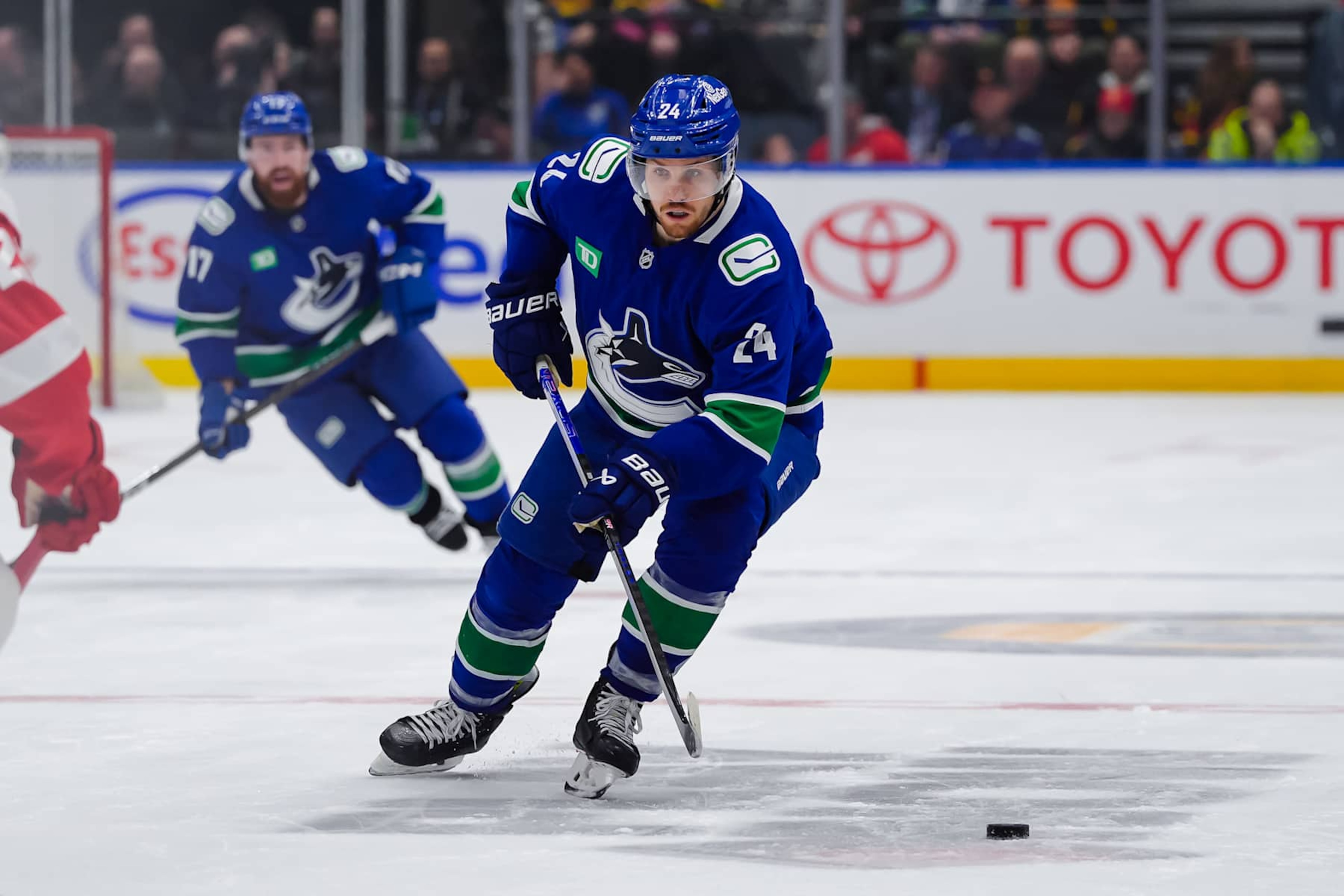 VANCOUVER, CANADA - FEBRUARY 2: Pius Suter #24 of the Vancouver Canucks skates with the puck during the third period of their NHL game against the Detroit Red Wings at Rogers Arena on February 2, 2025 in Vancouver, British Columbia, Canada. (Photo by Derek Cain/Getty Images) VANCOUVER, CANADA - FEBRUARY 2: Pius Suter #24 of the Vancouver Canucks skates with the puck during the third period of their NHL game against the Detroit Red Wings at Rogers Arena on February 2, 2025 in Vancouver, British Columbia, Canada. (Photo by Derek Cain/Getty Images)