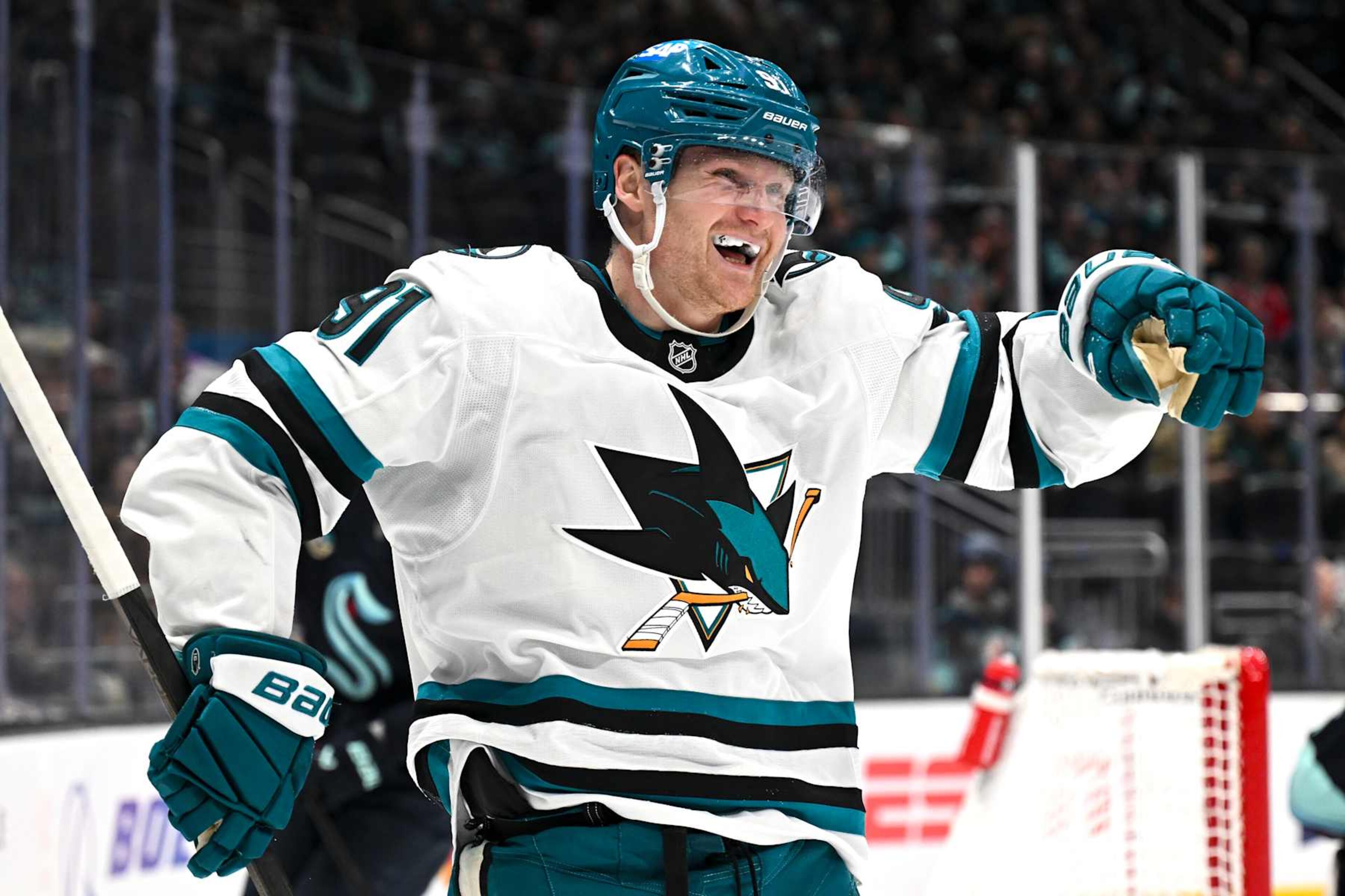 SEATTLE, WASHINGTON - JANUARY 30: Carl Grundstrom #91 of the San Jose Sharks reacts after scoring a goal during the first period against the Seattle Kraken at Climate Pledge Arena on January 30, 2025 in Seattle, Washington. (Photo by Alika Jenner/Getty Images) SEATTLE, WASHINGTON - JANUARY 30: Carl Grundstrom #91 of the San Jose Sharks reacts after scoring a goal during the first period against the Seattle Kraken at Climate Pledge Arena on January 30, 2025 in Seattle, Washington. (Photo by Alika Jenner/Getty Images)