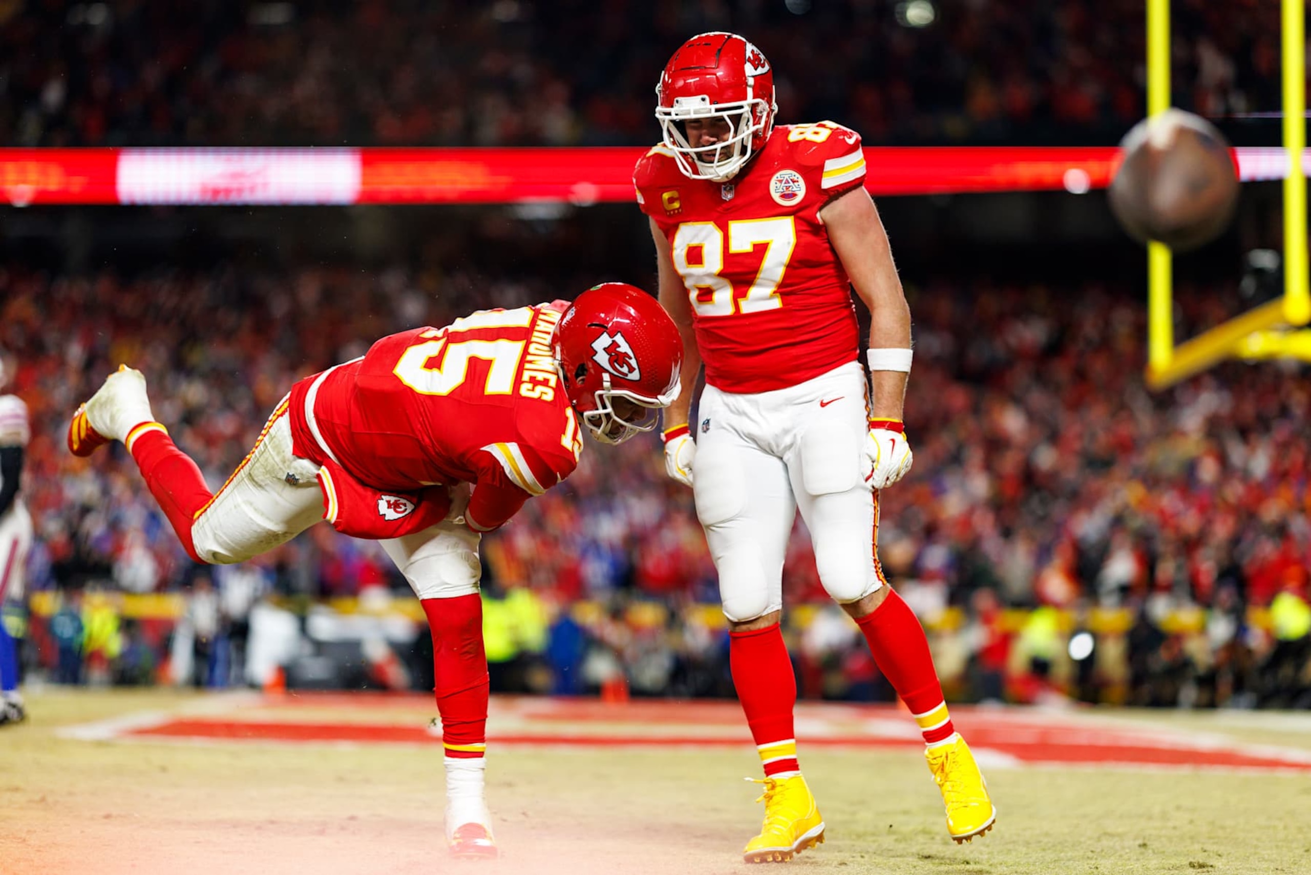 KANSAS CITY, MISSOURI - JANUARY 26: Quarterback Patrick Mahomes #15 of the Kansas City Chiefs celebrates with tight end Travis Kelce #87 after a touchdown during the second half of the AFC Championship football game against the Buffalo Bills, at GEHA Field at Arrowhead Stadium on January 26, 2025 in Kansas City, Missouri. (Photo by Brooke Sutton/Getty Images) KANSAS CITY, MISSOURI - JANUARY 26: Quarterback Patrick Mahomes #15 of the Kansas City Chiefs celebrates with tight end Travis Kelce #87 after a touchdown during the second half of the AFC Championship football game against the Buffalo Bills, at GEHA Field at Arrowhead Stadium on January 26, 2025 in Kansas City, Missouri. (Photo by Brooke Sutton/Getty Images)