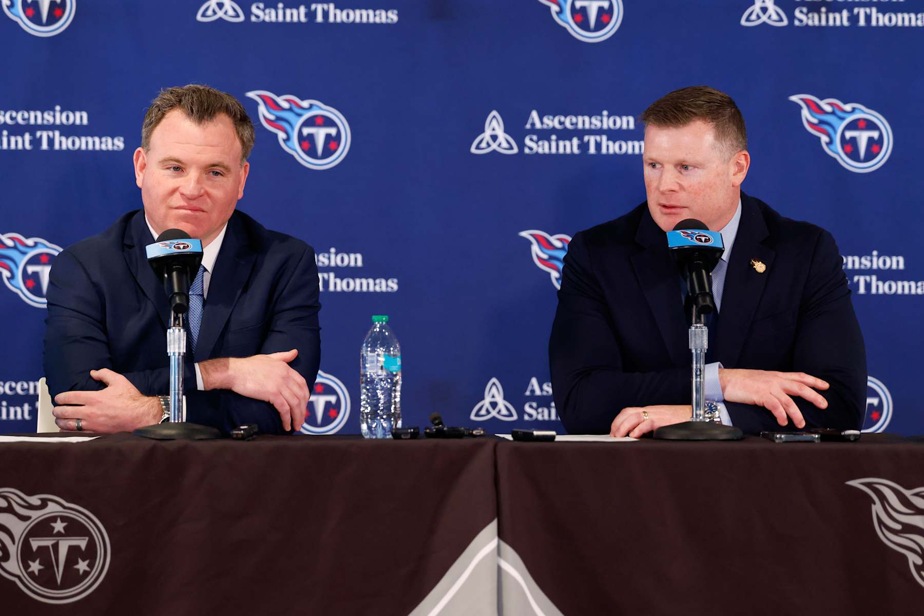 NASHVILLE, TENNESSEE - JANUARY 22: New General Manager Mike Borgonzi (L) and President of Football Operations Chad Brinker of the Tennessee Titans answer questions during an introductory press conference at Ascension Saint Thomas Sports Park on January 22, 2025 in Nashville, Tennessee. (Photo by Johnnie Izquierdo/Getty Images)