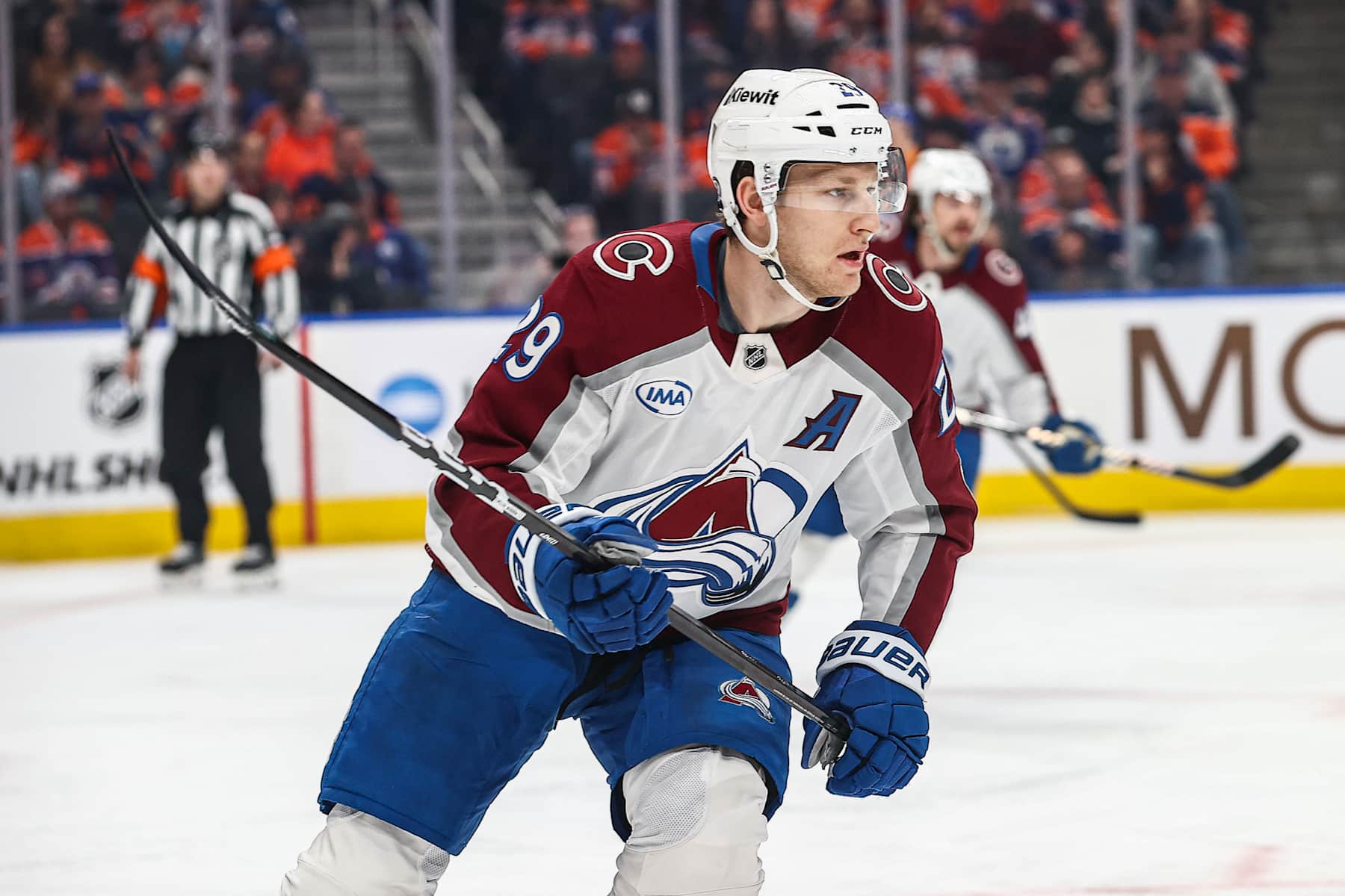 EDMONTON, AB - FEBRUARY 07 Colorado Avalanche Center Nathan MacKinnon (29) races up ice in the first period of the Edmonton Oilers game versus the Colorado Avalanche on February 7, 2025 at Rogers Place in Edmonton, AB. (Photo by Curtis Comeau/Icon Sportswire via Getty Images)