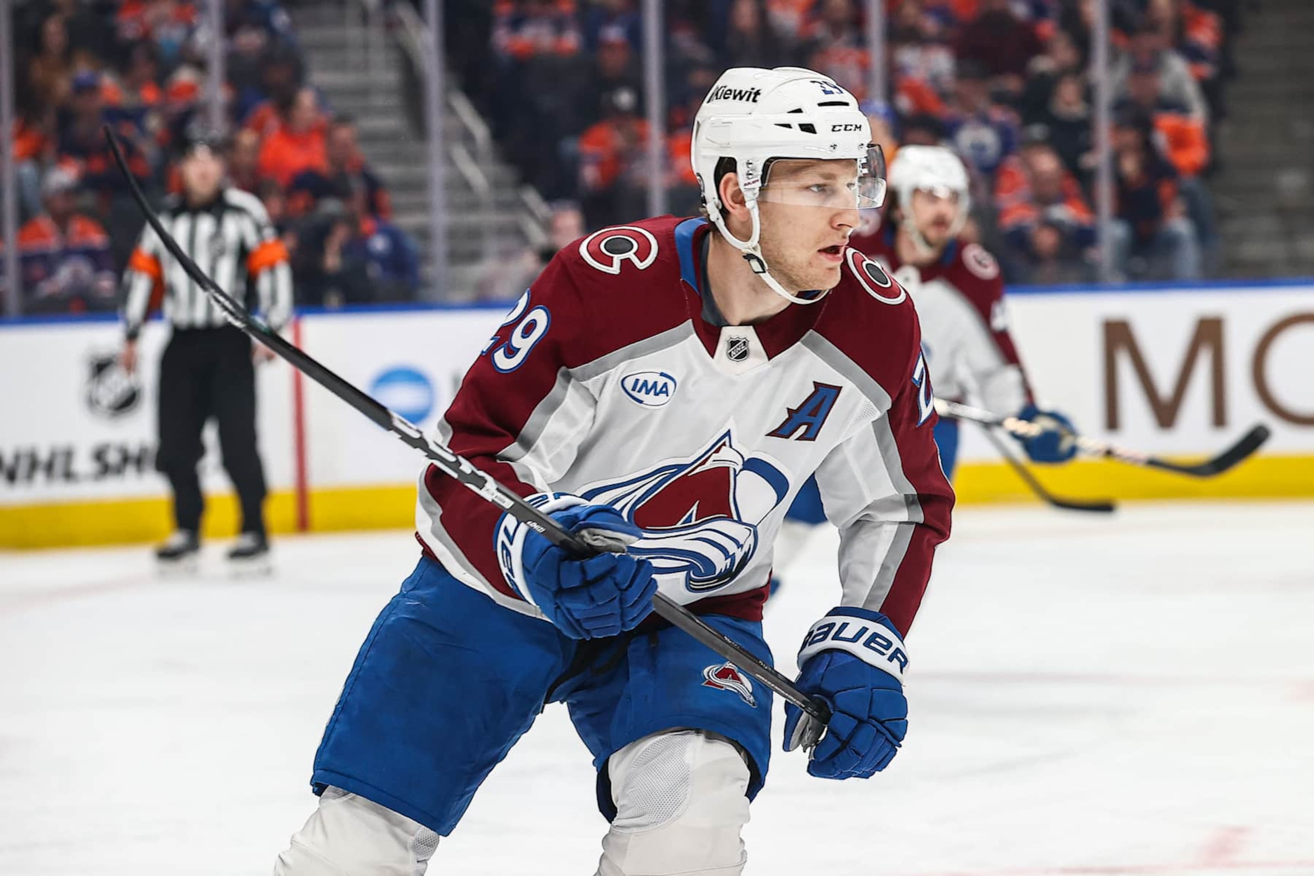 EDMONTON, AB - FEBRUARY 07 Colorado Avalanche Center Nathan MacKinnon (29) races up ice in the first period of the Edmonton Oilers game versus the Colorado Avalanche on February 7, 2025 at Rogers Place in Edmonton, AB. (Photo by Curtis Comeau/Icon Sportswire via Getty Images) EDMONTON, AB - FEBRUARY 07 Colorado Avalanche Center Nathan MacKinnon (29) races up ice in the first period of the Edmonton Oilers game versus the Colorado Avalanche on February 7, 2025 at Rogers Place in Edmonton, AB. (Photo by Curtis Comeau/Icon Sportswire via Getty Images)