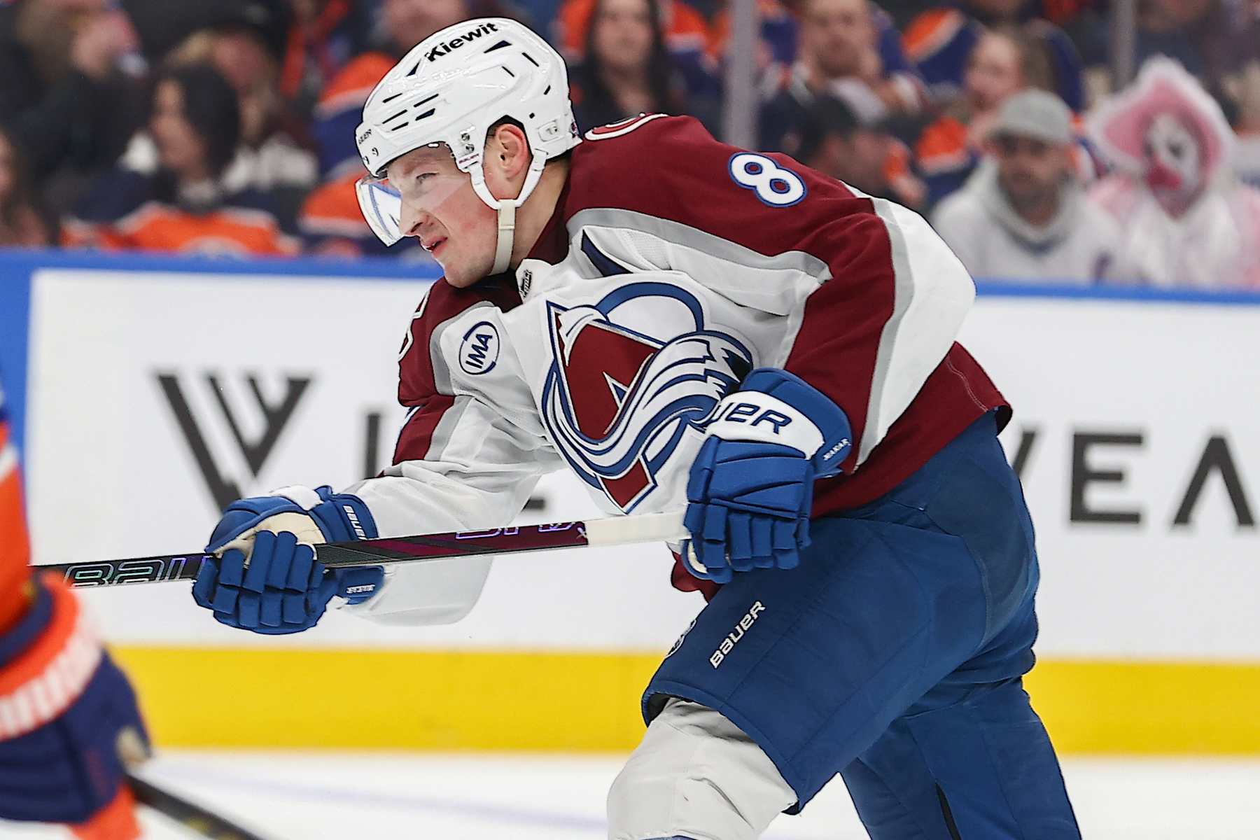 EDMONTON, AB - FEBRUARY 07 Colorado Avalanche Defenceman Cale Makar (8) takes a shot on Edmonton Oilers Goalie Calvin Pickard (30)  in the second period of the Edmonton Oilers game versus the Colorado Avalanche on February 7, 2025 at Rogers Place in Edmonton, AB. (Photo by Curtis Comeau/Icon Sportswire via Getty Images)