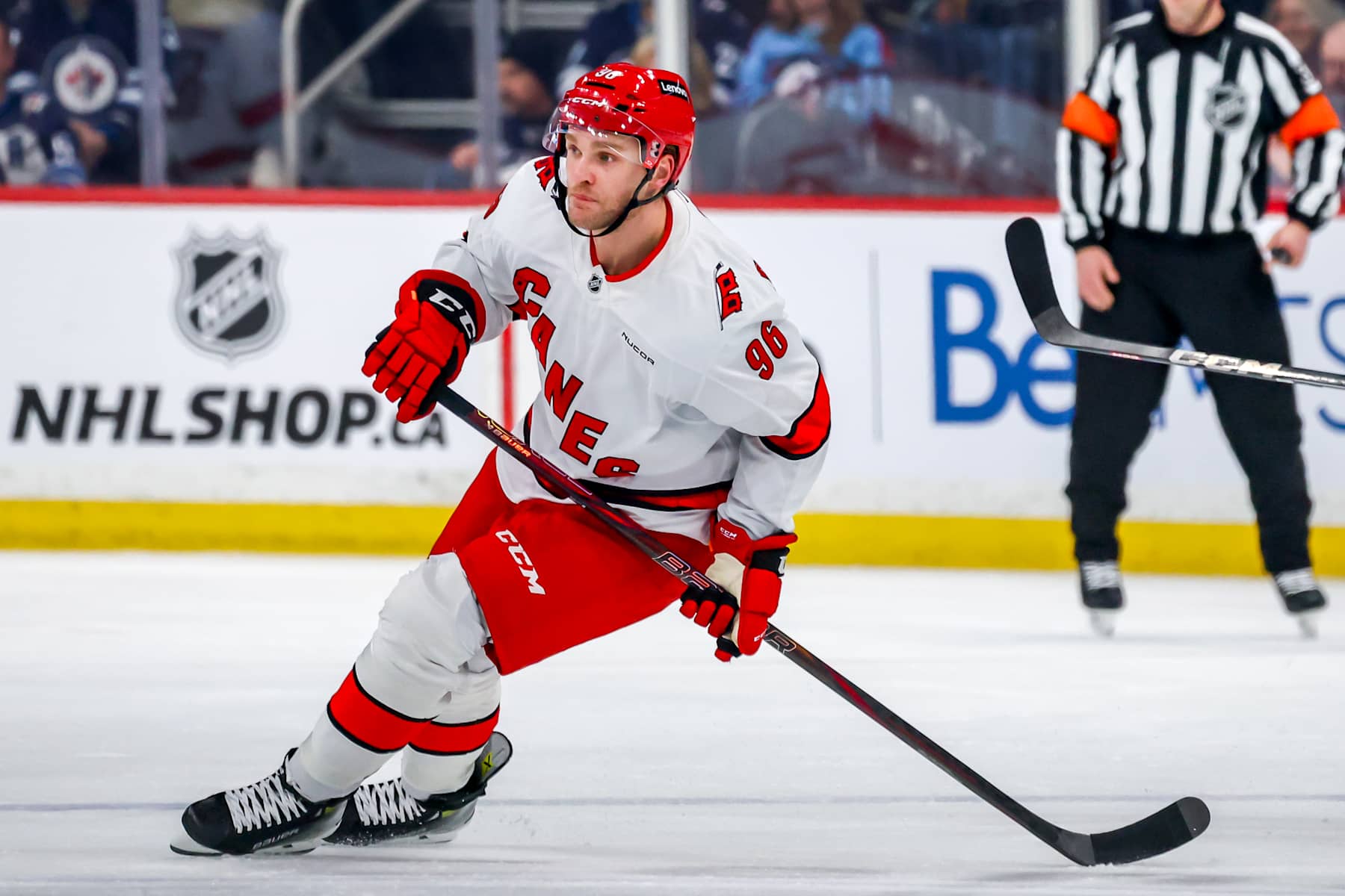WINNIPEG, CANADA - FEBRUARY 04: Mikko Rantanen #96 of the Carolina Hurricanes skates during first period action against the Winnipeg Jets at Canada Life Centre on February 04, 2025 in Winnipeg, Manitoba, Canada. (Photo by Jonathan Kozub/NHLI via Getty Images)