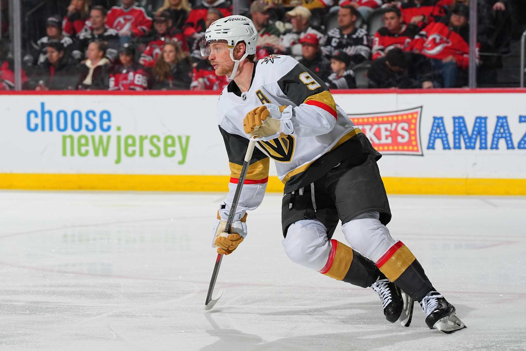 NEWARK, NJ - FEBRUARY 06: Jack Eichel #9 of the Vegas Golden Knights skates during the game against the New Jersey Devils at Prudential Center on February 6, 2025 in Newark, New Jersey.  (Photo by Rich Graessle/NHLI via Getty Images)