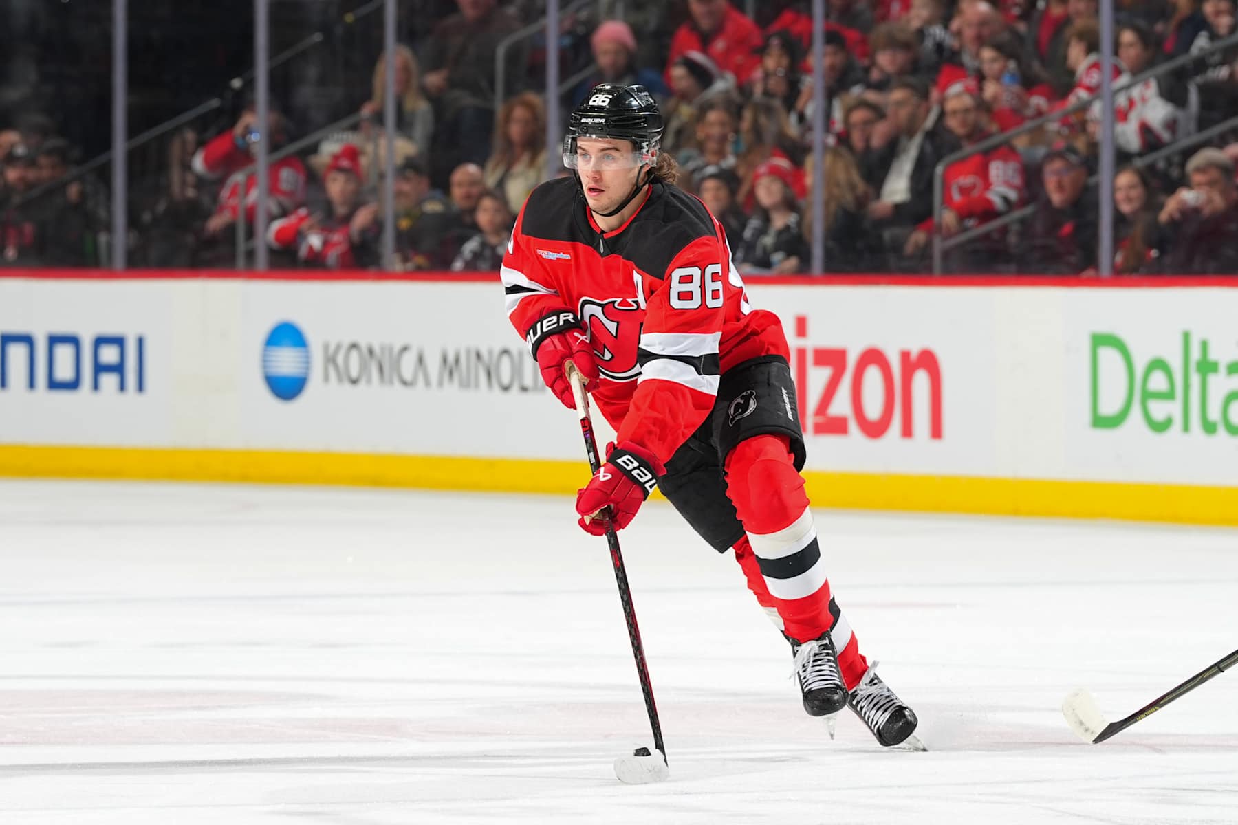 NEWARK, NJ - FEBRUARY 06: Jack Hughes #86 of the New Jersey Devils skates in the first period of the game against the Vegas Golden Knights at Prudential Center on February 6, 2025 in Newark, New Jersey.  (Photo by Rich Graessle/NHLI via Getty Images)