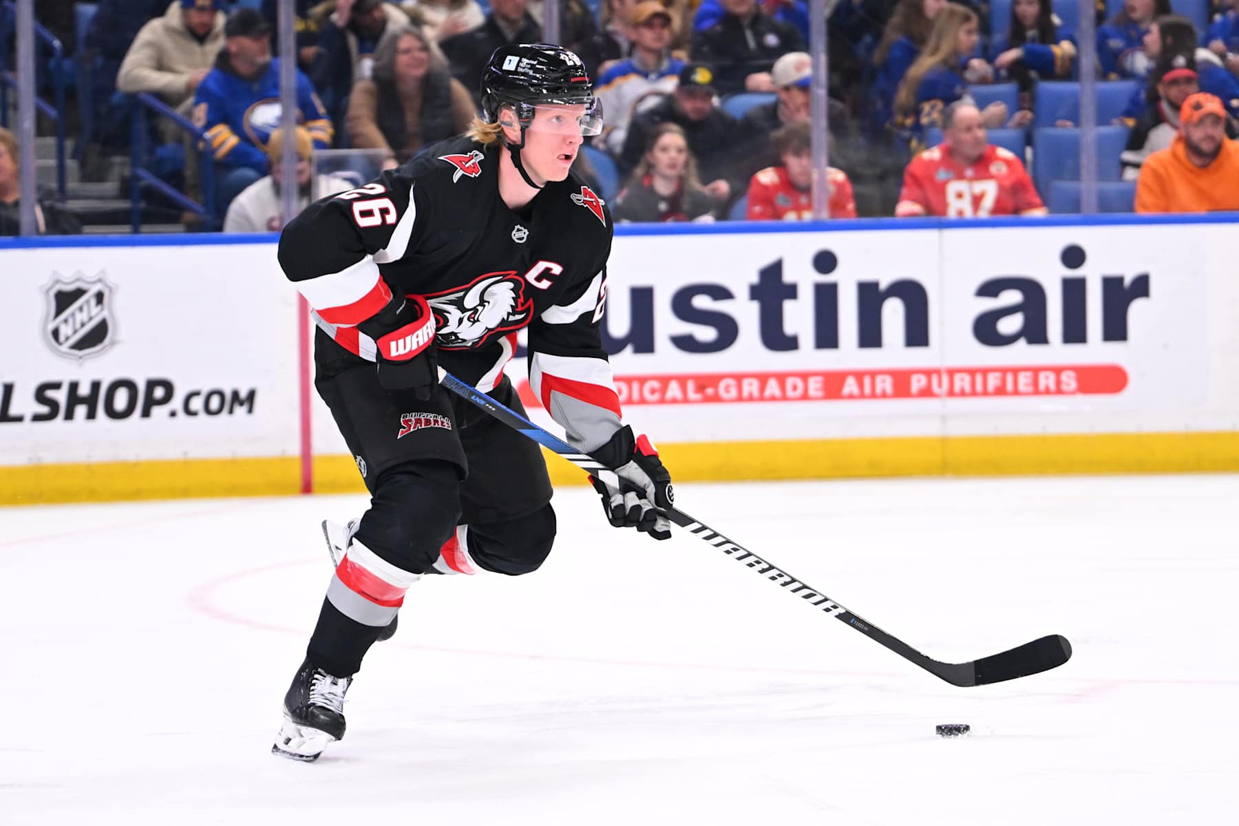 BUFFALO, NY - FEBRUARY 4: Rasmus Dahlin #26 of the Buffalo Sabres skates against the Columbus Blue Jackets during an NHL game on February 4, 2025 at KeyBank Center in Buffalo, New York. Buffalo won, 3-2. (Photo by Joe Hrycych/Getty Images)
