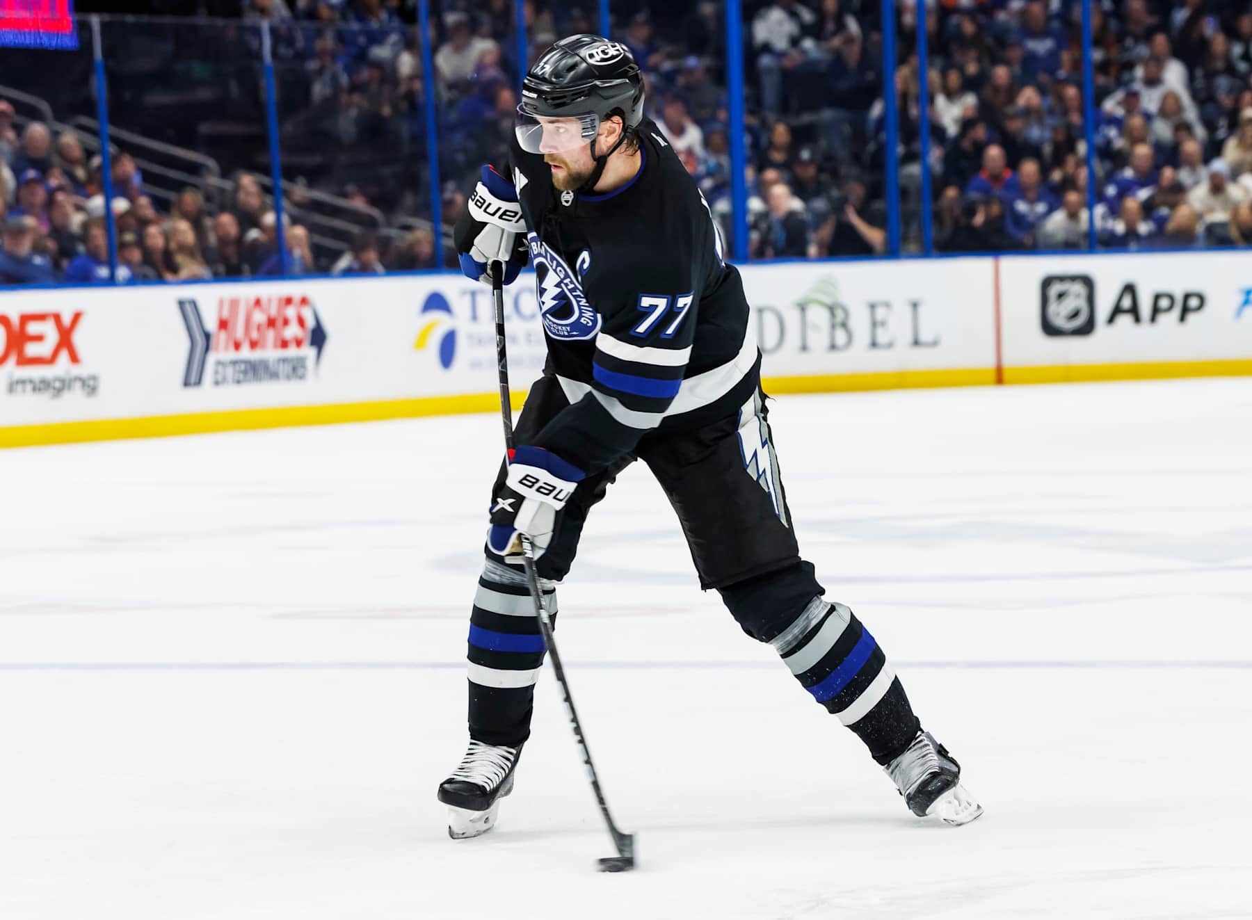 TAMPA, FL - FEBRUARY 1: Victor Hedman #77 of the Tampa Bay Lightning skates against the New York Islanders at Amalie Arena on February 1, 2025 in Tampa, Florida. (Photo by Mark LoMoglio/NHLI via Getty Images)