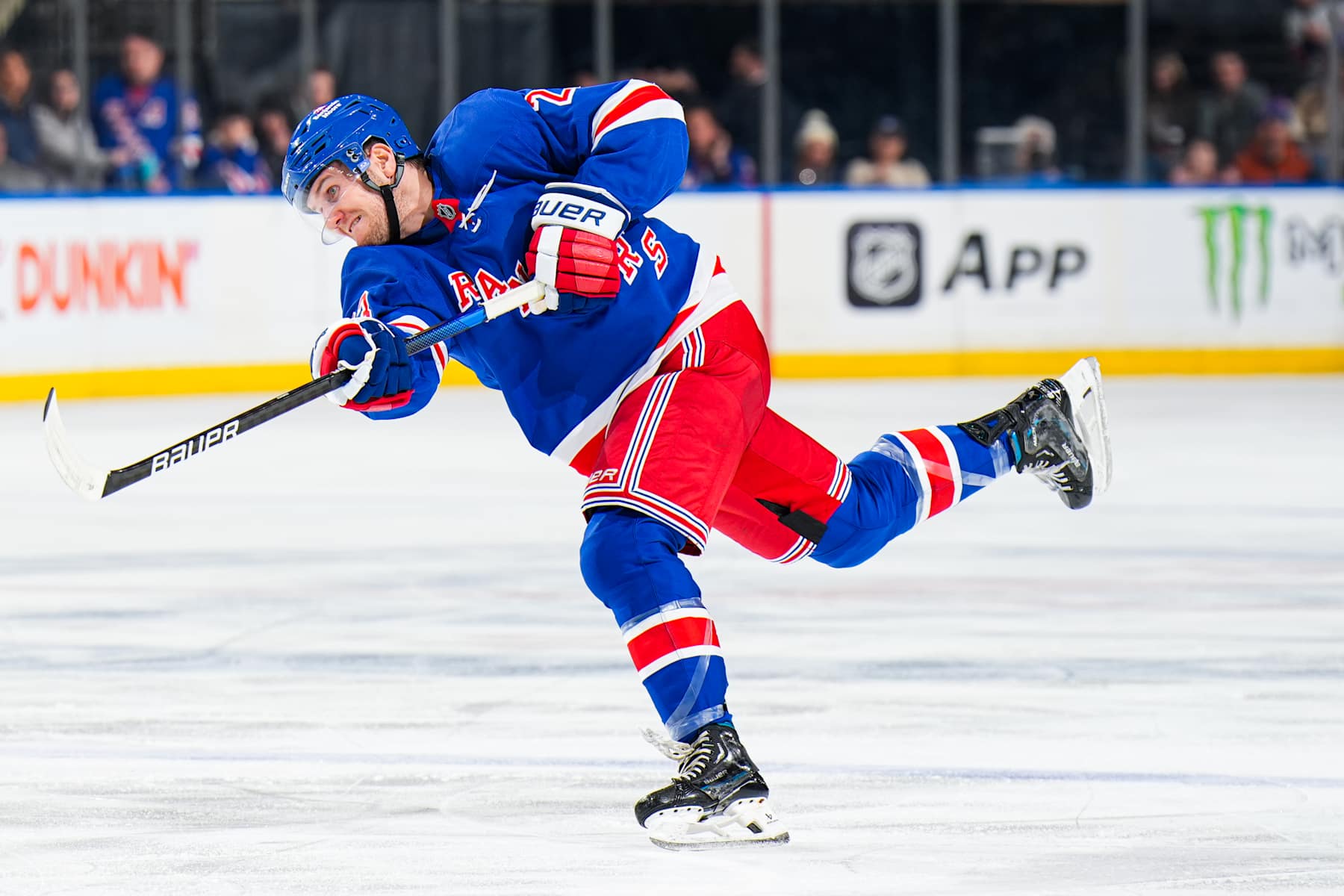 NEW YORK, NEW YORK - FEBRUARY 02:  Adam Fox #23 of the New York Rangers skates with the puck against the Vegas Golden Knights at Madison Square Garden on February 2, 2025 in New York City. (Photo by Jared Silber/NHLI via Getty Images)