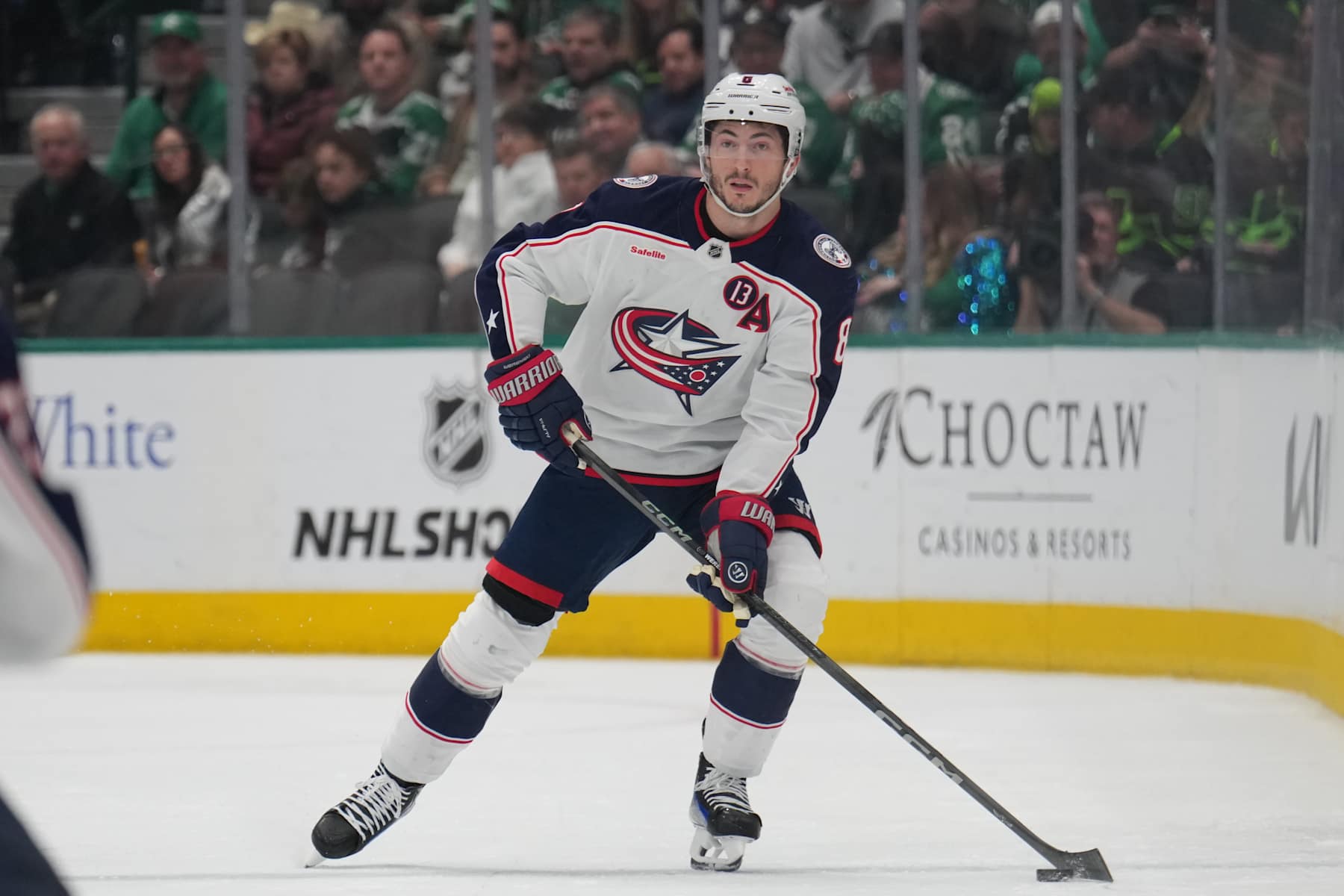 DALLAS, TX - February 2: Zach Werenski #8 of the Columbus Blue Jackets handles the puck against the Dallas Stars at the American Airlines Center on February 2, 2025 in Dallas, Texas. (Photo by Glenn James/NHLI via Getty Images)