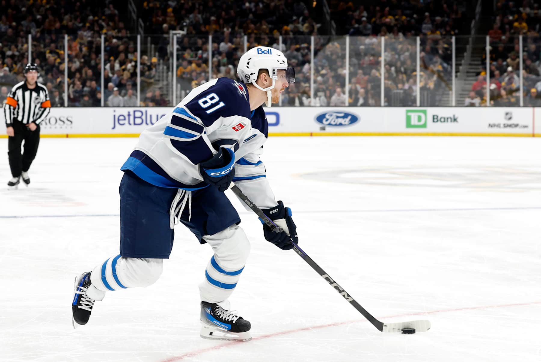 BOSTON, MA - JANUARY 30: Winnipeg Jets left wing Kyle Connor (81) looks for a shot during a game between the Boston Bruins and the Winnipeg Jets on January 30, 2025, at TD Garden in Boston, Massachusetts. (Photo by Fred Kfoury III/Icon Sportswire via Getty Images)