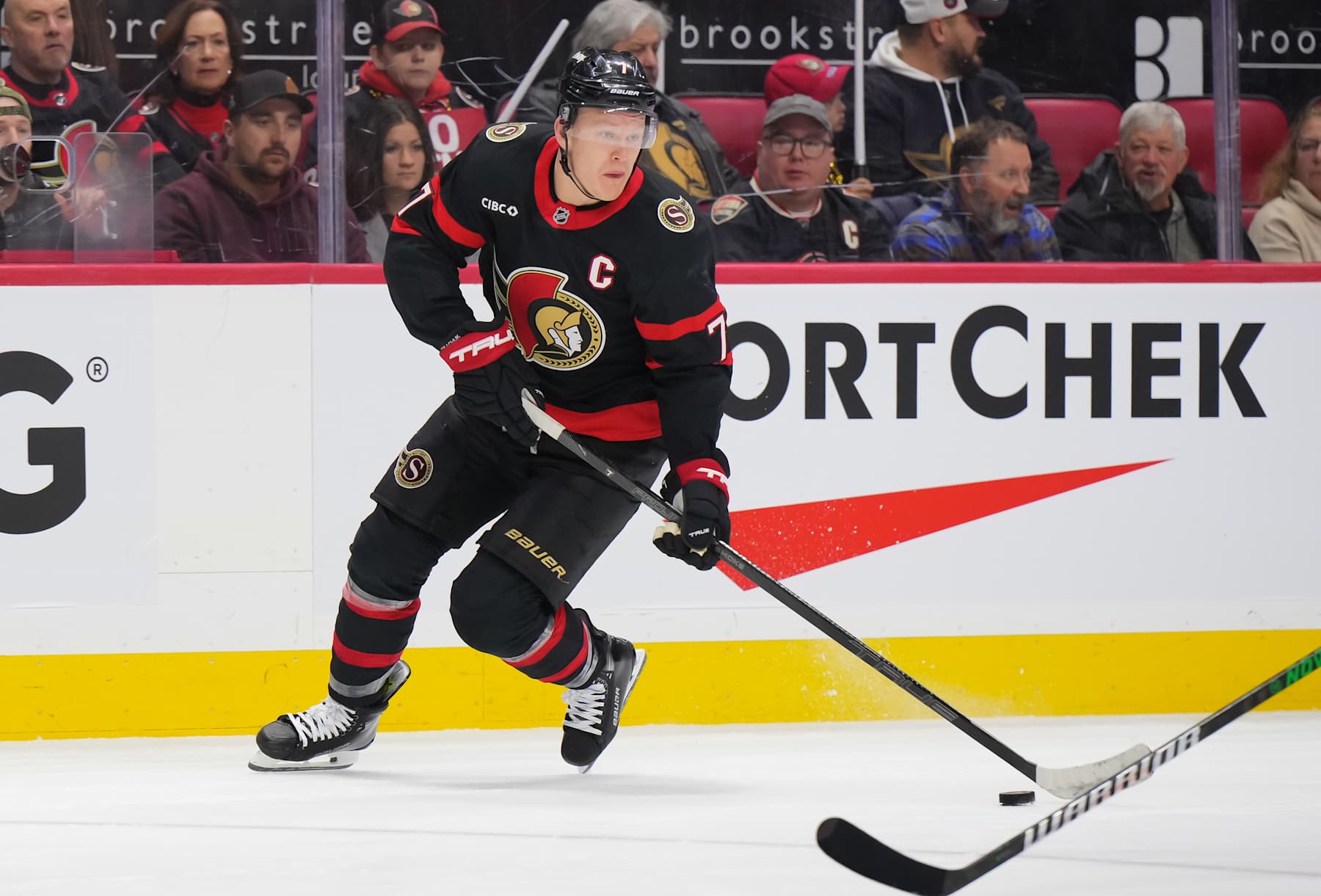 OTTAWA, CANADA - FEBRUARY 1:  Brady Tkachuk #7 of the Ottawa Senators skates against the Minnesota Wild at Canadian Tire Centre on February 1, 2025 in Ottawa, Ontario, Canada.  (Photo by André Ringuette/NHLI via Getty Images)