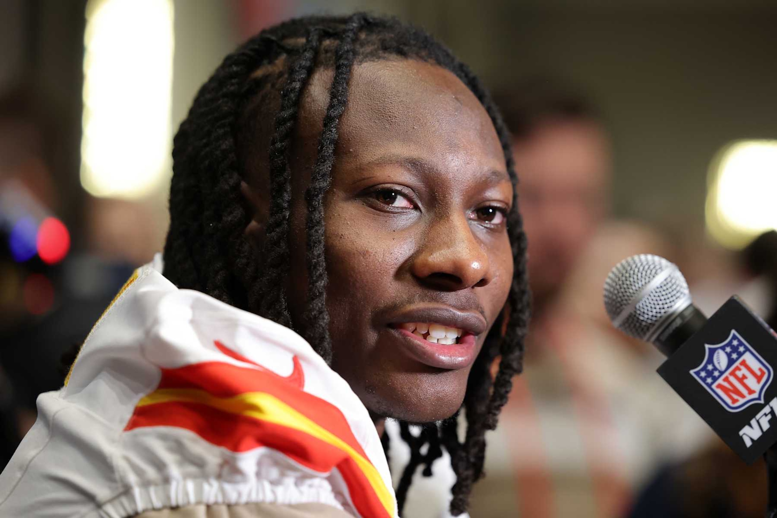 NEW ORLEANS, LOUISIANA - FEBRUARY 04: Hollywood Brown #5 of the Kansas City Chiefs speaks during a news conference at New Orleans Marriott on February 04, 2025 in New Orleans, Louisiana. (Photo by Jonathan Bachman/Getty Images) NEW ORLEANS, LOUISIANA - FEBRUARY 04: Hollywood Brown #5 of the Kansas City Chiefs speaks during a news conference at New Orleans Marriott on February 04, 2025 in New Orleans, Louisiana. (Photo by Jonathan Bachman/Getty Images)