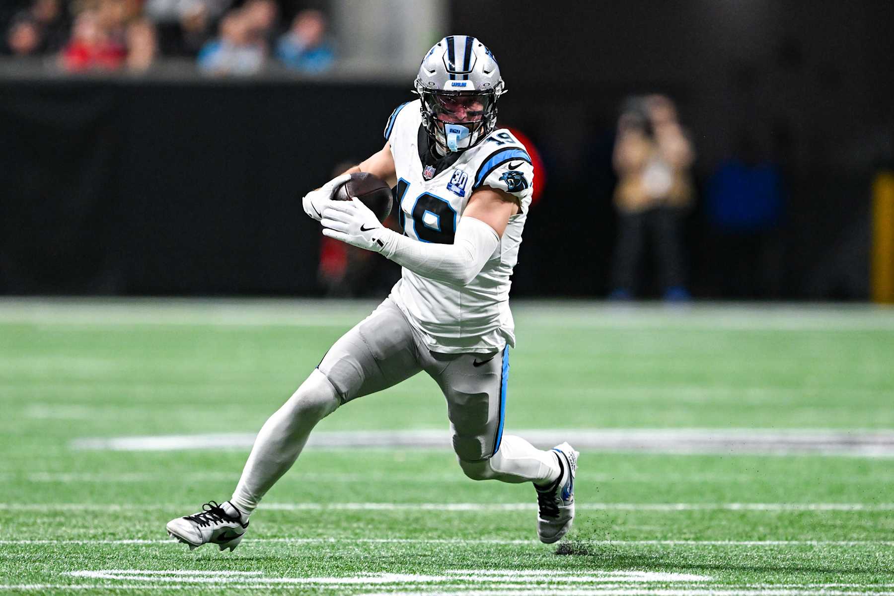 ATLANTA, GA  JANUARY 05:  Carolina wide receiver Adam Thielen (19) runs with the ball after a reception during the NFL game between the Carolina Panthers and the Atlanta Falcons on January 5th, 2025 at Mercedes-Benz Stadium in Atlanta, GA.  (Photo by Rich von Biberstein/Icon Sportswire via Getty Images)