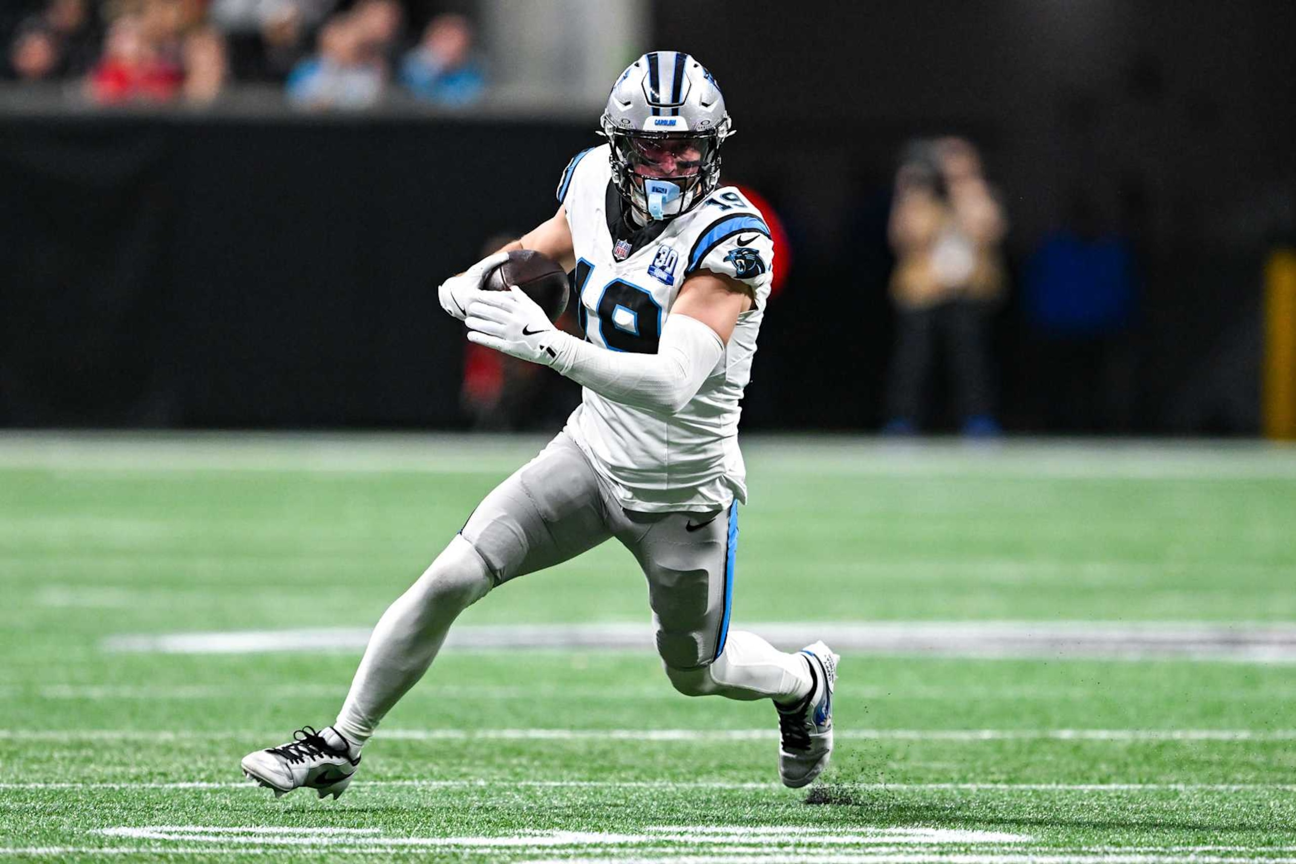 ATLANTA, GA  JANUARY 05:  Carolina wide receiver Adam Thielen (19) runs with the ball after a reception during the NFL game between the Carolina Panthers and the Atlanta Falcons on January 5th, 2025 at Mercedes-Benz Stadium in Atlanta, GA.  (Photo by Rich von Biberstein/Icon Sportswire via Getty Images)