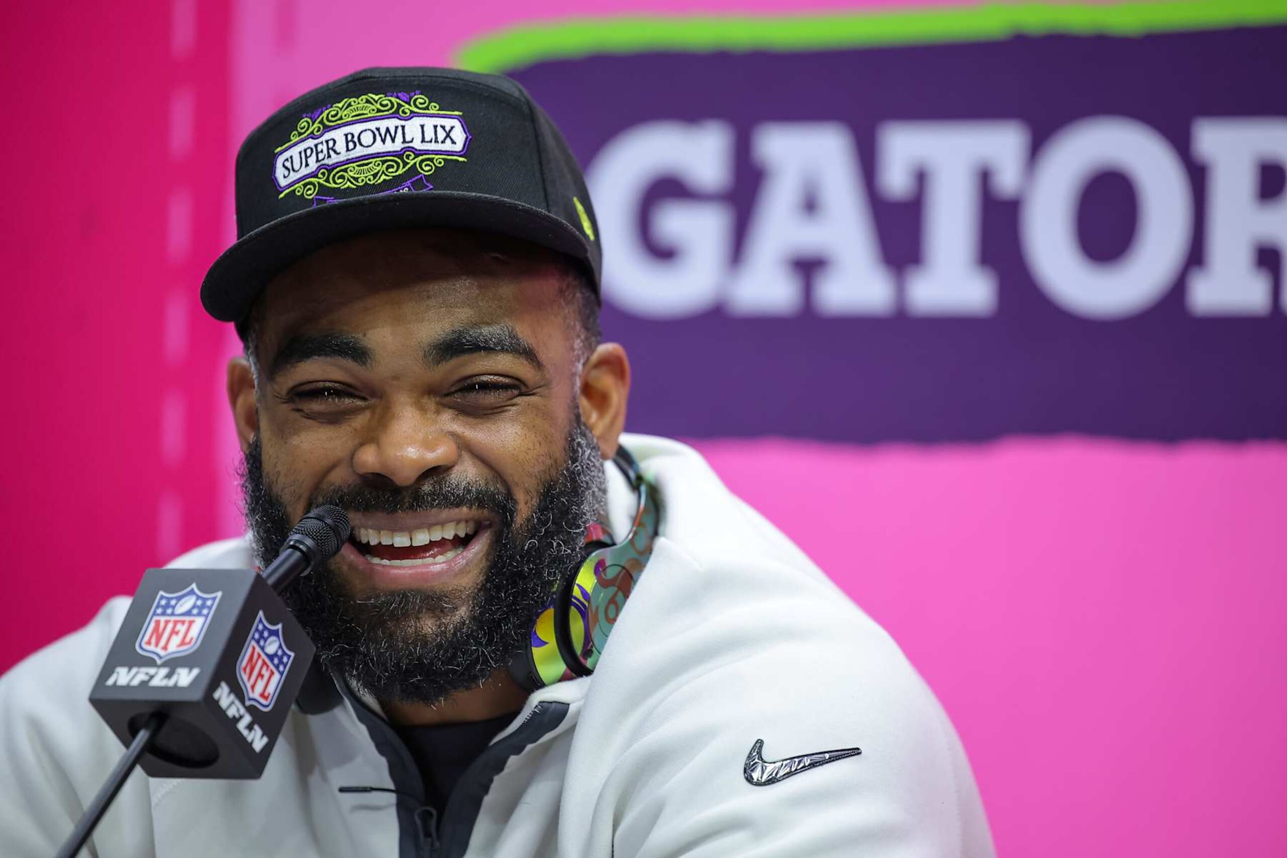NEW ORLEANS, LOUISIANA - FEBRUARY 03: Brandon Graham #55 of the Philadelphia Eagles addresses the media during Super Bowl LIX Opening Night at Caesars Superdome on February 03, 2025 in New Orleans, Louisiana. (Photo by Jonathan Bachman/Getty Images)