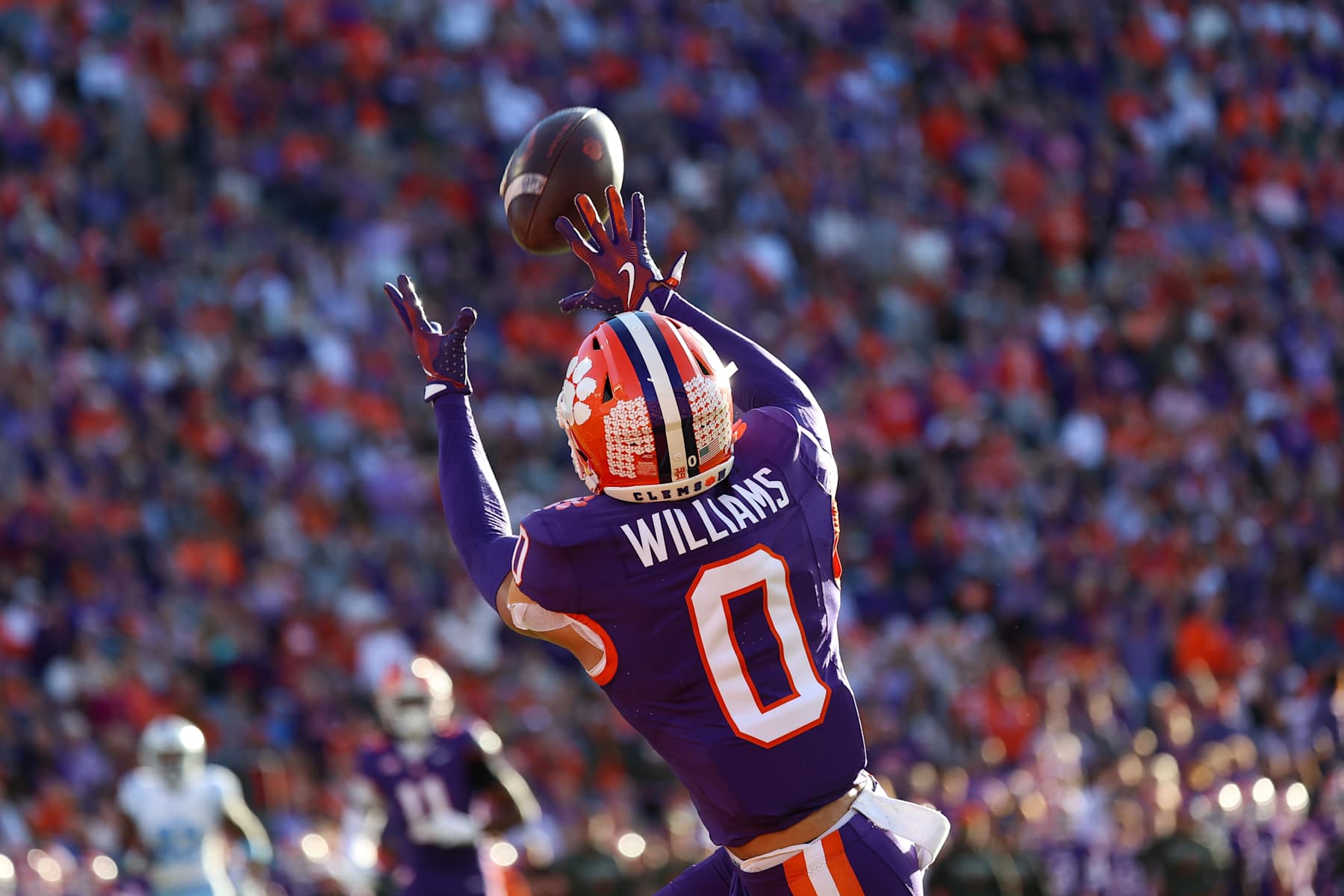 CLEMSON, SOUTH CAROLINA - NOVEMBER 23: Antonio Williams #0 of the Clemson Tigers catches a pass for a touchdown during the first quarter against the Citadel Bulldogs at Memorial Stadium on November 23, 2024 in Clemson, South Carolina. (Photo by Isaiah Vazquez/Getty Images)