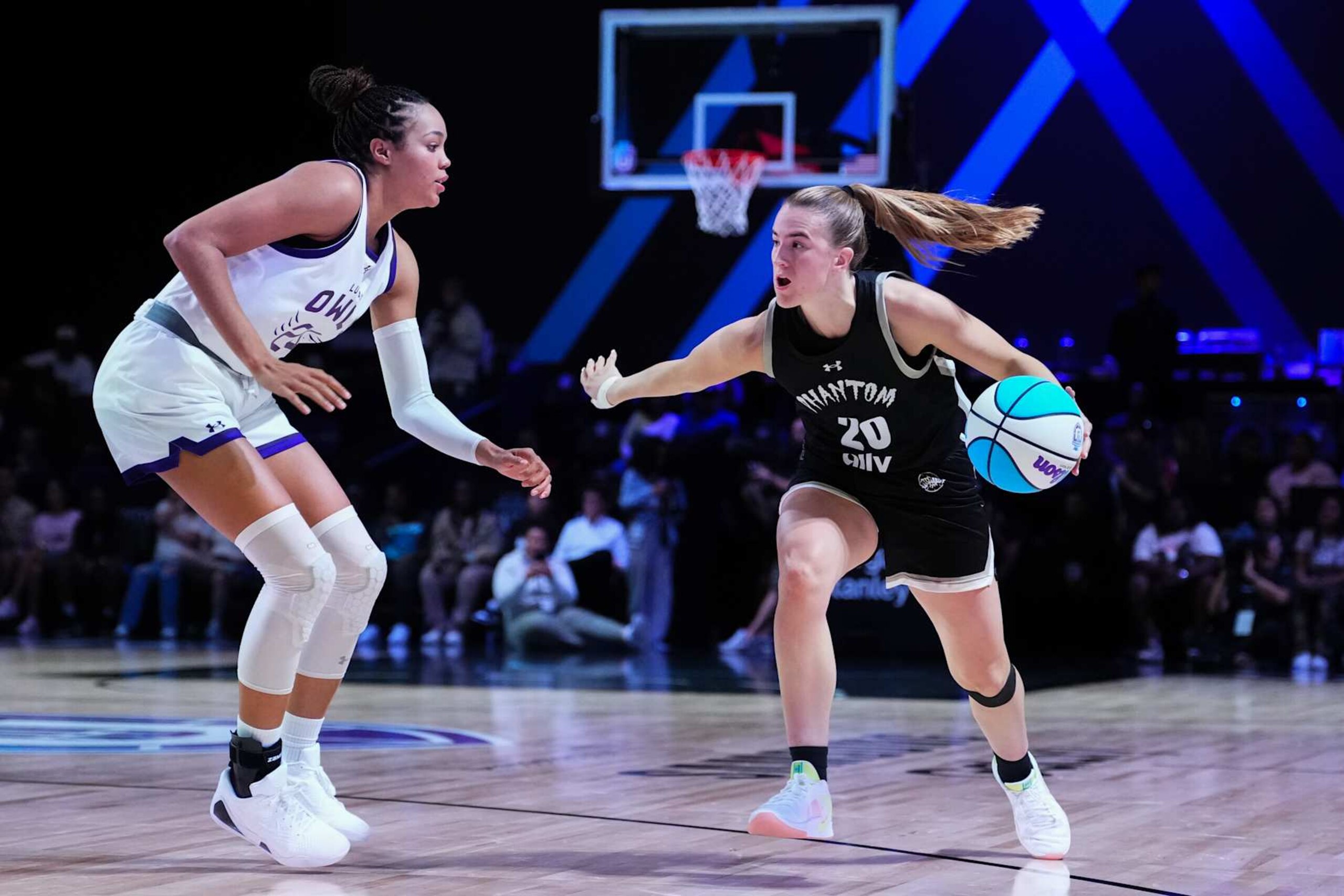 MEDLEY, FLORIDA - FEBRUARY 07: Sabrina Ionescu #20 of Phantom drives to the basket against Napheesa Collier #24 of the Lunar Owls during the fourth quarter at Wayfair Arena on February 07, 2025 in Medley, Florida. (Photo by Rich Storry/Getty Images) MEDLEY, FLORIDA - FEBRUARY 07: Sabrina Ionescu #20 of Phantom drives to the basket against Napheesa Collier #24 of the Lunar Owls during the fourth quarter at Wayfair Arena on February 07, 2025 in Medley, Florida. (Photo by Rich Storry/Getty Images)