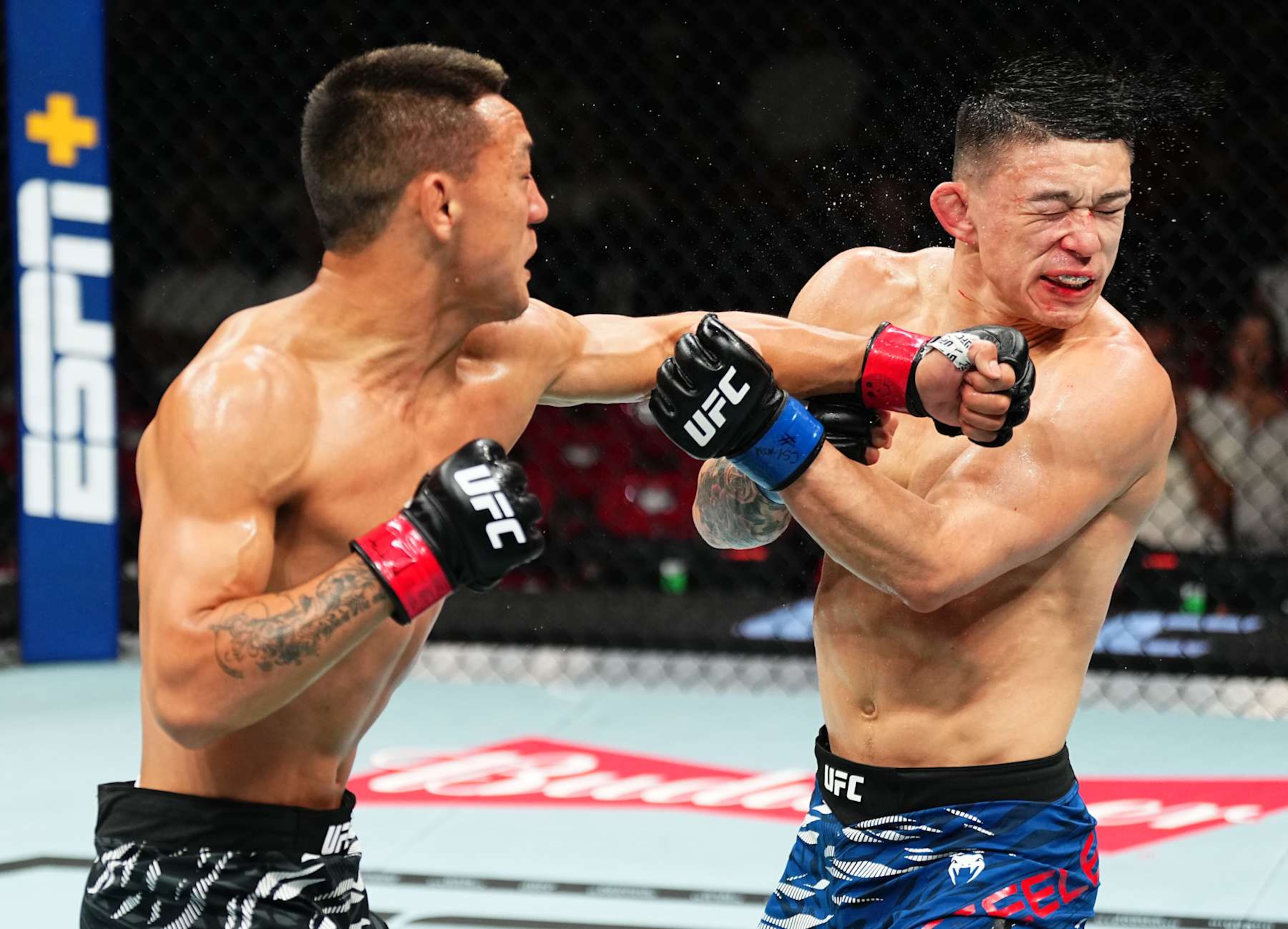 SYDNEY, AUSTRALIA - FEBRUARY 09: (L-R) Rongzhu of China punches Kody Steele in a lightweight fight during the UFC 312 event at Qudos Bank Arena on February 09, 2025 in Sydney, Australia.  (Photo by Jeff Bottari/Zuffa LLC)