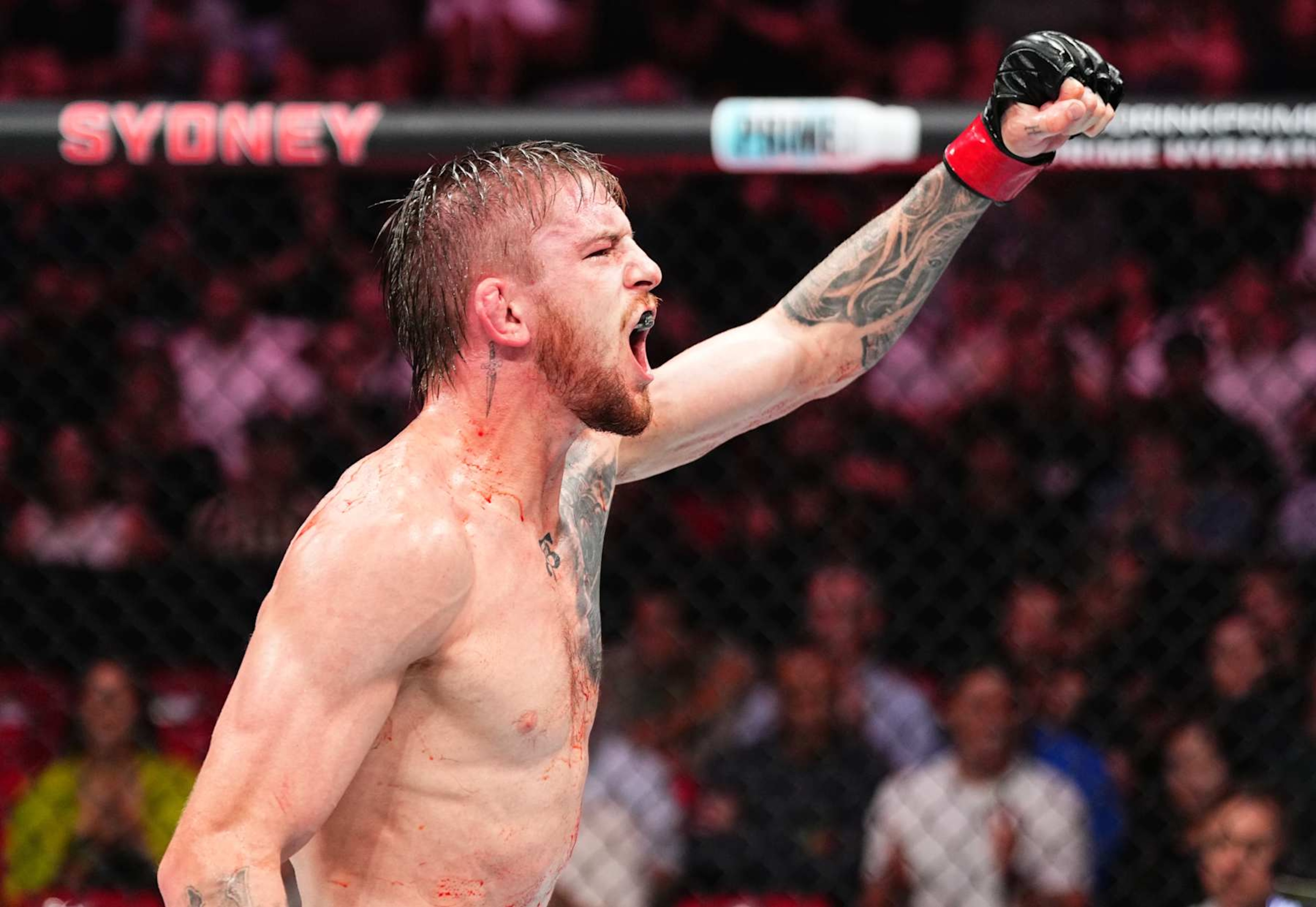 SYDNEY, AUSTRALIA - FEBRUARY 09: Tom Nolan of Australia reacts after a lightweight fight against Viacheslav Borshchev of Russia during the UFC 312 event at Qudos Bank Arena on February 09, 2025 in Sydney, Australia.  (Photo by Jeff Bottari/Zuffa LLC)