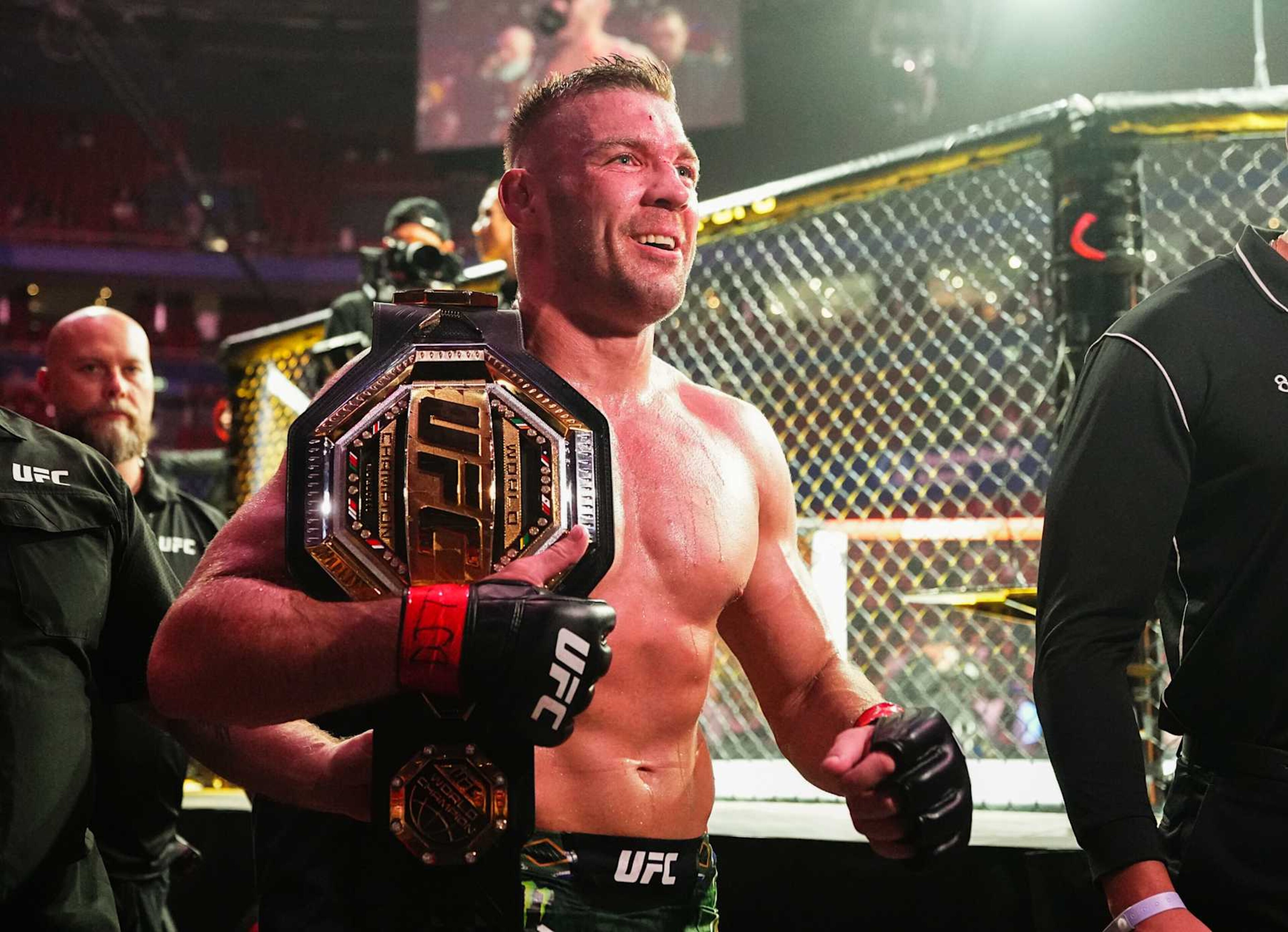 SYDNEY, AUSTRALIA - FEBRUARY 09: Dricus Du Plessis of South Africa reacts after a unanimous-decision victory against Sean Strickland in the UFC middleweight championship fight during the UFC 312 event at Qudos Bank Arena on February 09, 2025 in Sydney, Australia.  (Photo by Jeff Bottari/Zuffa LLC)