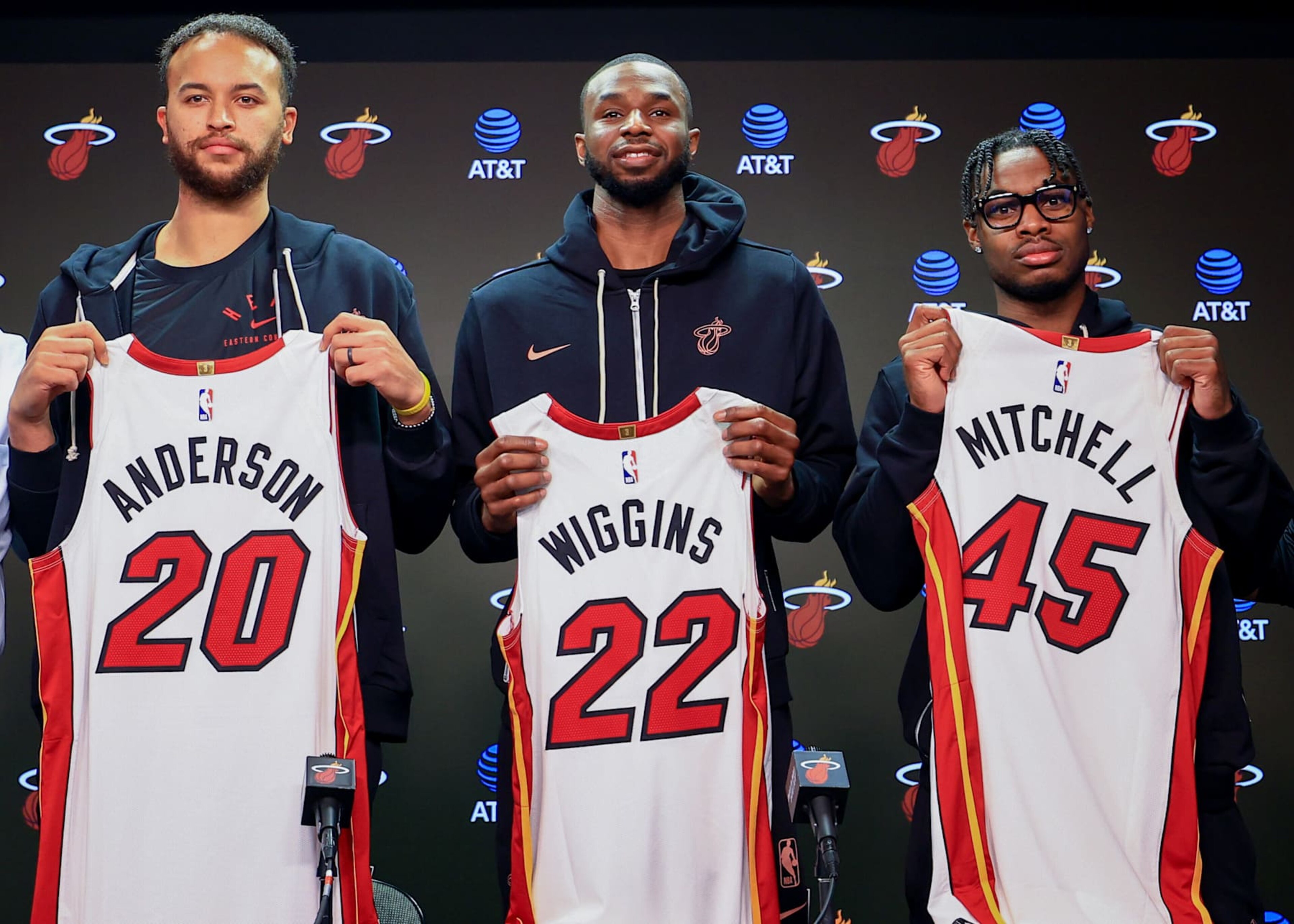 MIAMI, FLORIDA - FEBRUARY 09: Miami Heat players Andrew Wiggins, Kyle Anderson & Davion Mitchell stand together at Kaseya Center on February 09, 2025 in Miami, Florida. (Photo by Carmen Mandato/Getty Images)
