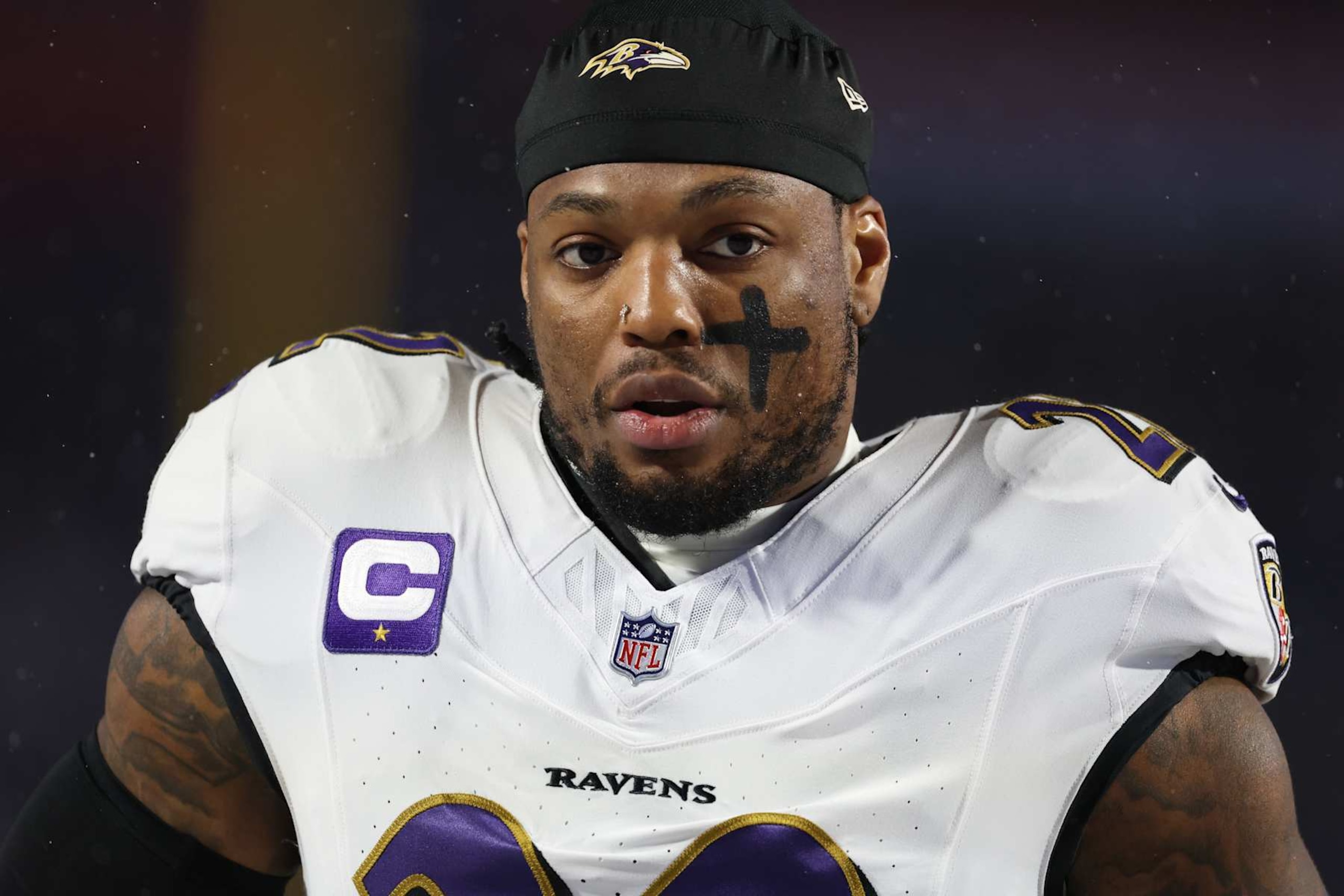 ORCHARD PARK, NEW YORK - JANUARY 19: Derrick Henry #22 of the Baltimore Ravens looks on prior to the game against the Buffalo Bills during the AFC Divisional Playoff at Highmark Stadium on January 19, 2025 in Orchard Park, New York.  (Photo by Al Bello/Getty Images)