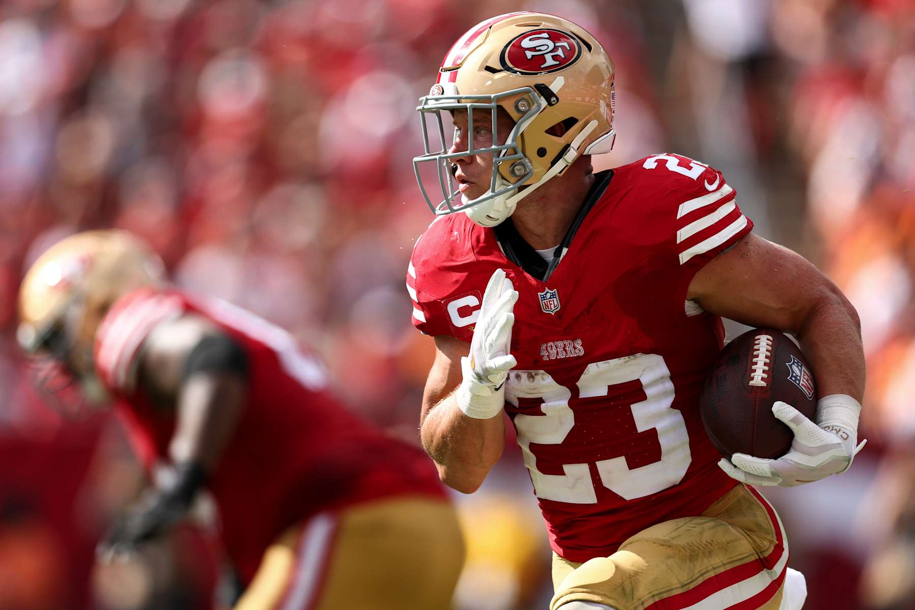 TAMPA, FLORIDA - NOVEMBER 10: Christian McCaffrey #23 of the San Francisco 49ers carries the ball during an NFL football game against the Tampa Bay Buccaneers at Raymond James Stadium on November 10, 2024 in Tampa, Florida. (Photo by Kevin Sabitus/Getty Images)