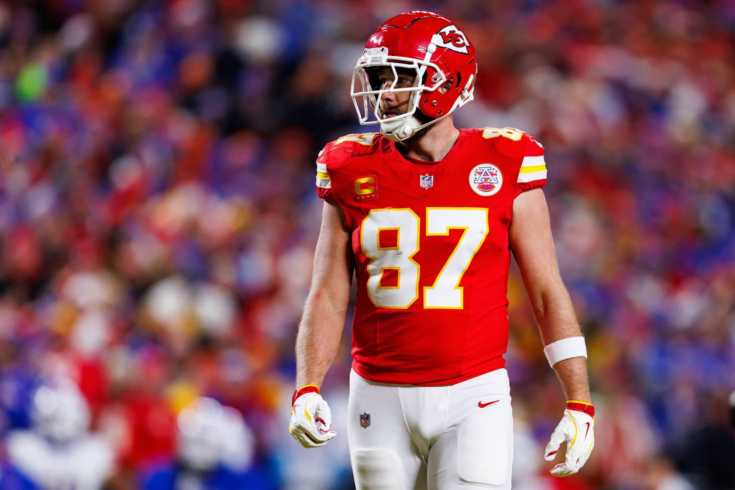 KANSAS CITY, MISSOURI - JANUARY 26: Tight end Travis Kelce #87 of the Kansas City Chiefs stands on the field during the first half of the AFC Championship game against the Buffalo Bills, at GEHA Field at Arrowhead Stadium on January 26, 2025 in Kansas City, Missouri. (Photo by Brooke Sutton/Getty Images) KANSAS CITY, MISSOURI - JANUARY 26: Tight end Travis Kelce #87 of the Kansas City Chiefs stands on the field during the first half of the AFC Championship game against the Buffalo Bills, at GEHA Field at Arrowhead Stadium on January 26, 2025 in Kansas City, Missouri. (Photo by Brooke Sutton/Getty Images)