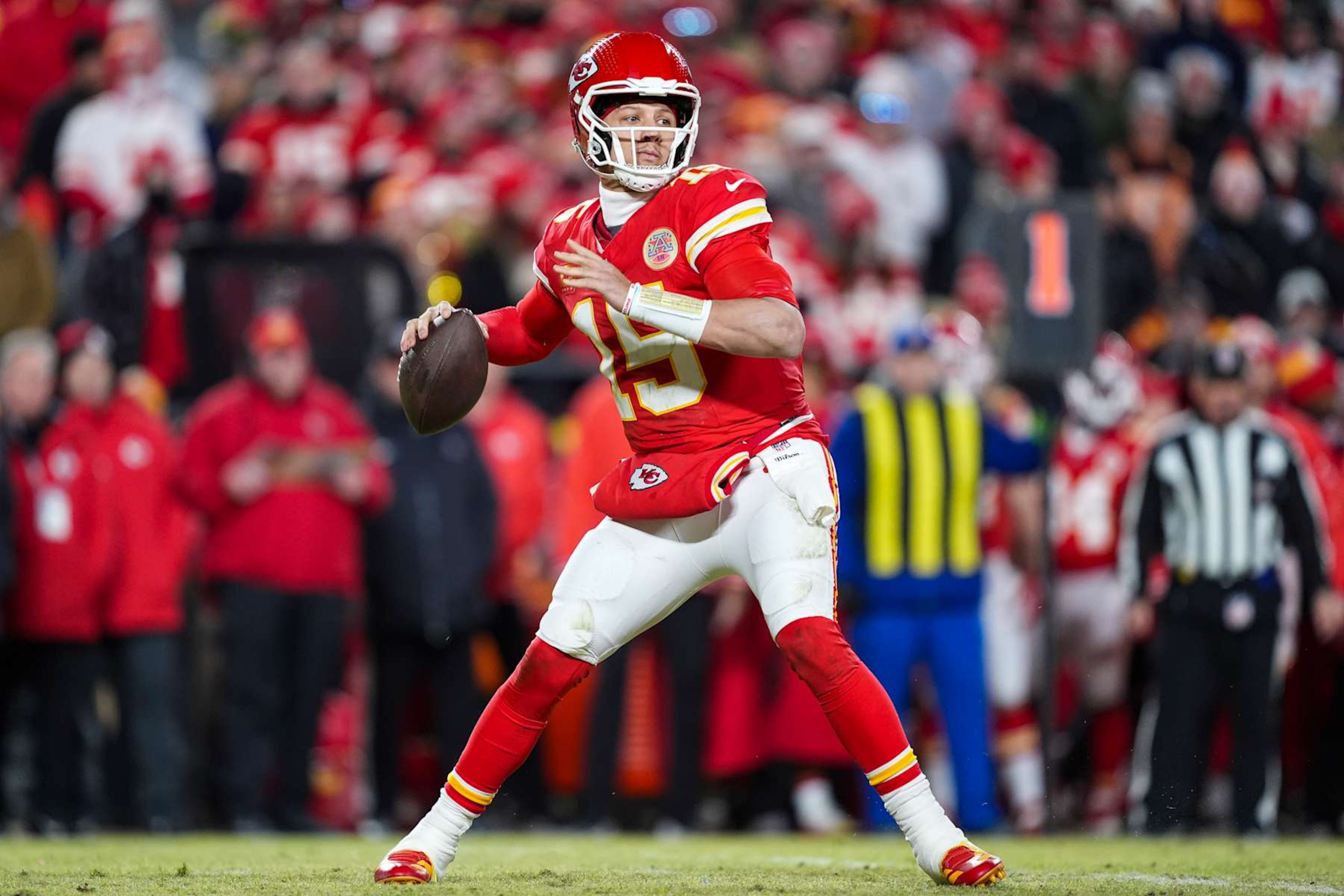 KANSAS CITY, MISSOURI - JANUARY 26: Patrick Mahomes #15 of the Kansas City Chiefs throws the ball during the AFC Championship NFL football game against the Buffalo Bills at GEHA Field at Arrowhead Stadium on January 26, 2025 in Kansas City, Missouri. (Photo by Perry Knotts/Getty Images)