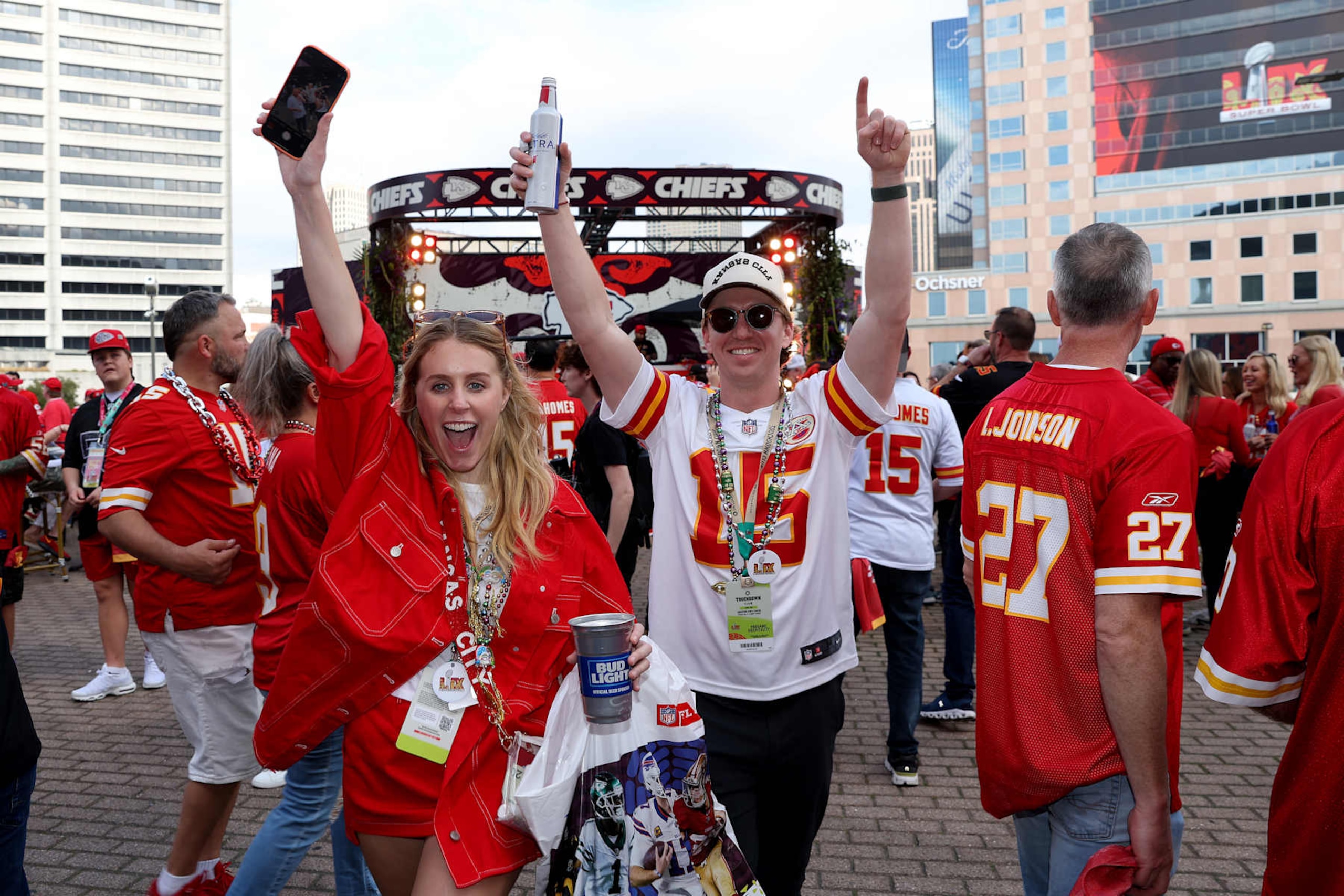 NEW ORLEANS, LOUISIANA - FEBRUARY 09: Kansas City Chiefs fans walk to the stadium prior to Super Bowl LIX between the Kansas City Chiefs and the Philadelphia Eagles at Caesars Superdome on February 09, 2025 in New Orleans, Louisiana. (Photo by Marianna Massey/Getty Images) NEW ORLEANS, LOUISIANA - FEBRUARY 09: Kansas City Chiefs fans walk to the stadium prior to Super Bowl LIX between the Kansas City Chiefs and the Philadelphia Eagles at Caesars Superdome on February 09, 2025 in New Orleans, Louisiana. (Photo by Marianna Massey/Getty Images)