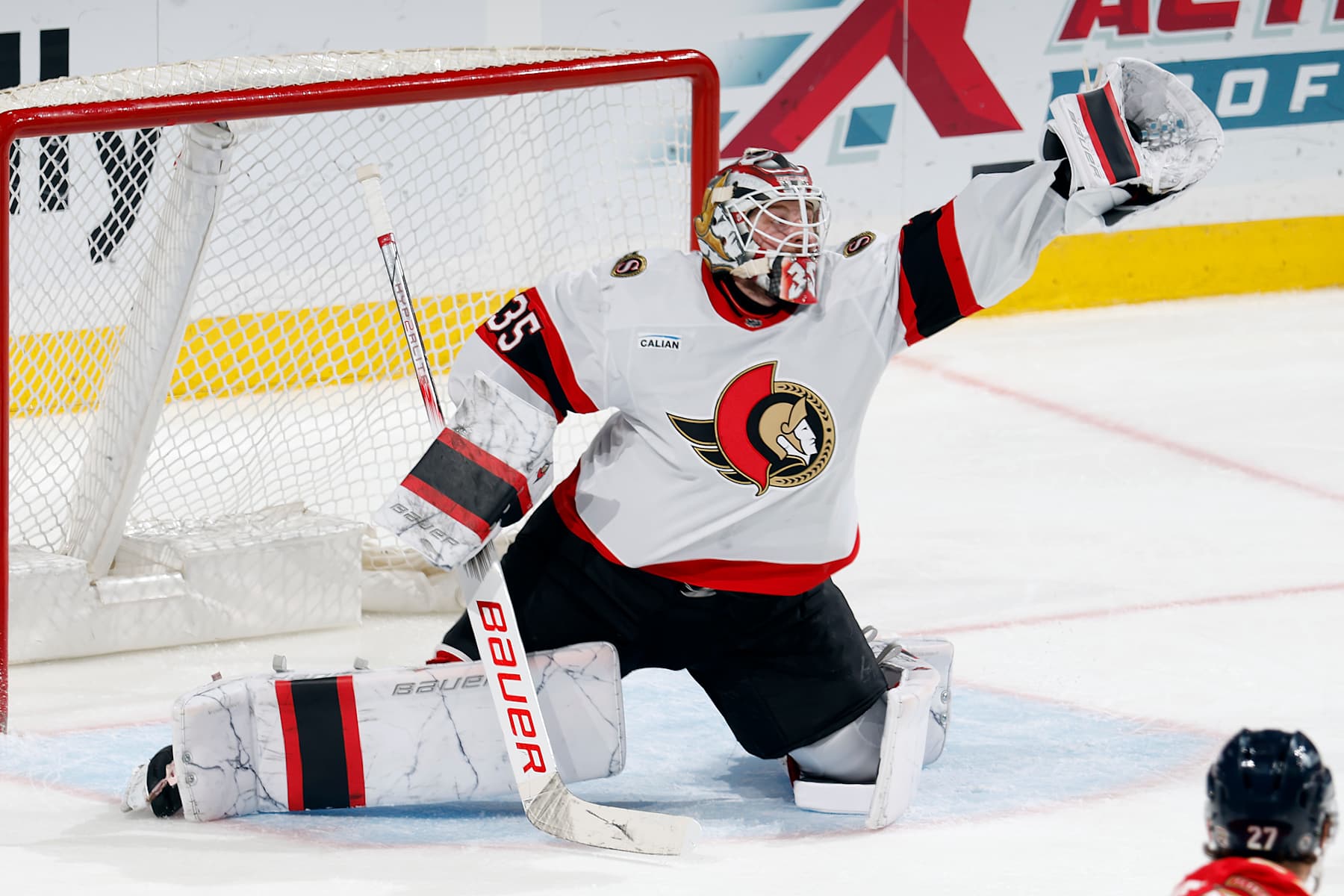 SUNRISE, FL - FEBRUARY 8: Goltender Linus Ullmark #35 of the Ottawa Senators defends the net against the Florida Panthers during third period action at the Amerant Bank Arena on February 8, 2025 in Sunrise, Florida. (Photo by Joel Auerbach/Getty Images)