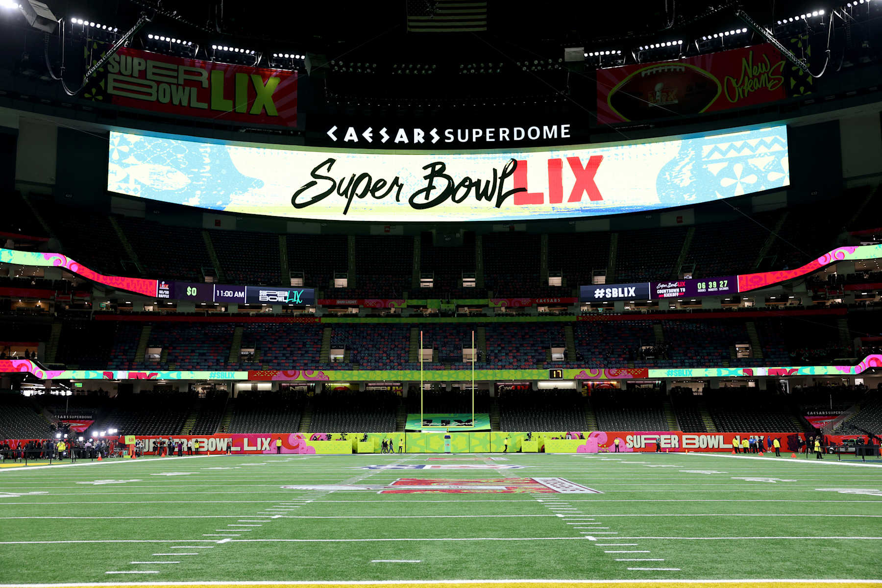 NEW ORLEANS, LOUISIANA - FEBRUARY 09: A Super Bowl LIX logo is seen on signage before Super Bowl LIX between the Kansas City Chiefs and Philadelphia Eagles at Caesars Superdome on February 09, 2025 in New Orleans, Louisiana. (Photo by Jamie Squire/Getty Images)