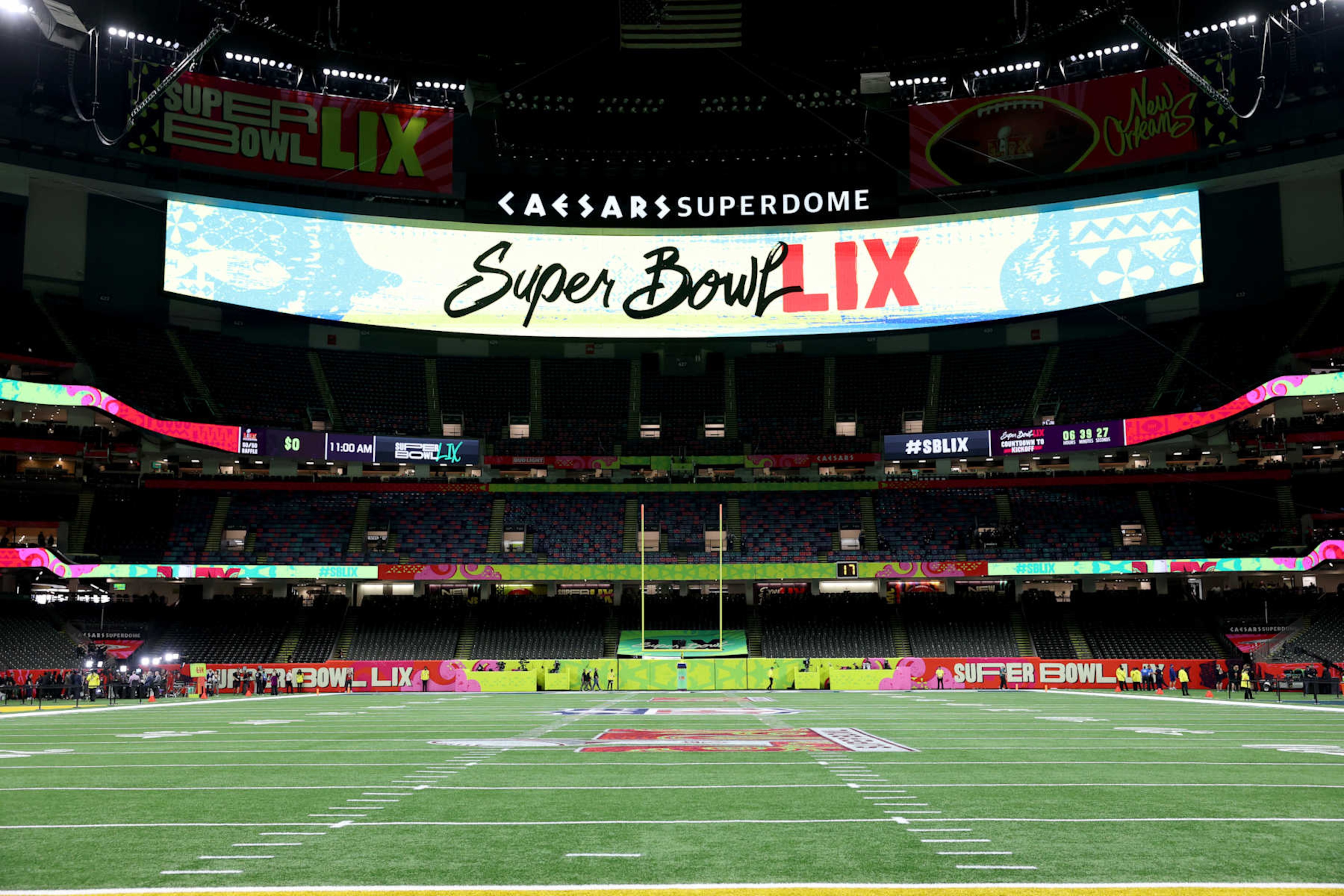 NEW ORLEANS, LOUISIANA - FEBRUARY 09: A Super Bowl LIX logo is seen on signage before Super Bowl LIX between the Kansas City Chiefs and Philadelphia Eagles at Caesars Superdome on February 09, 2025 in New Orleans, Louisiana. (Photo by Jamie Squire/Getty Images)