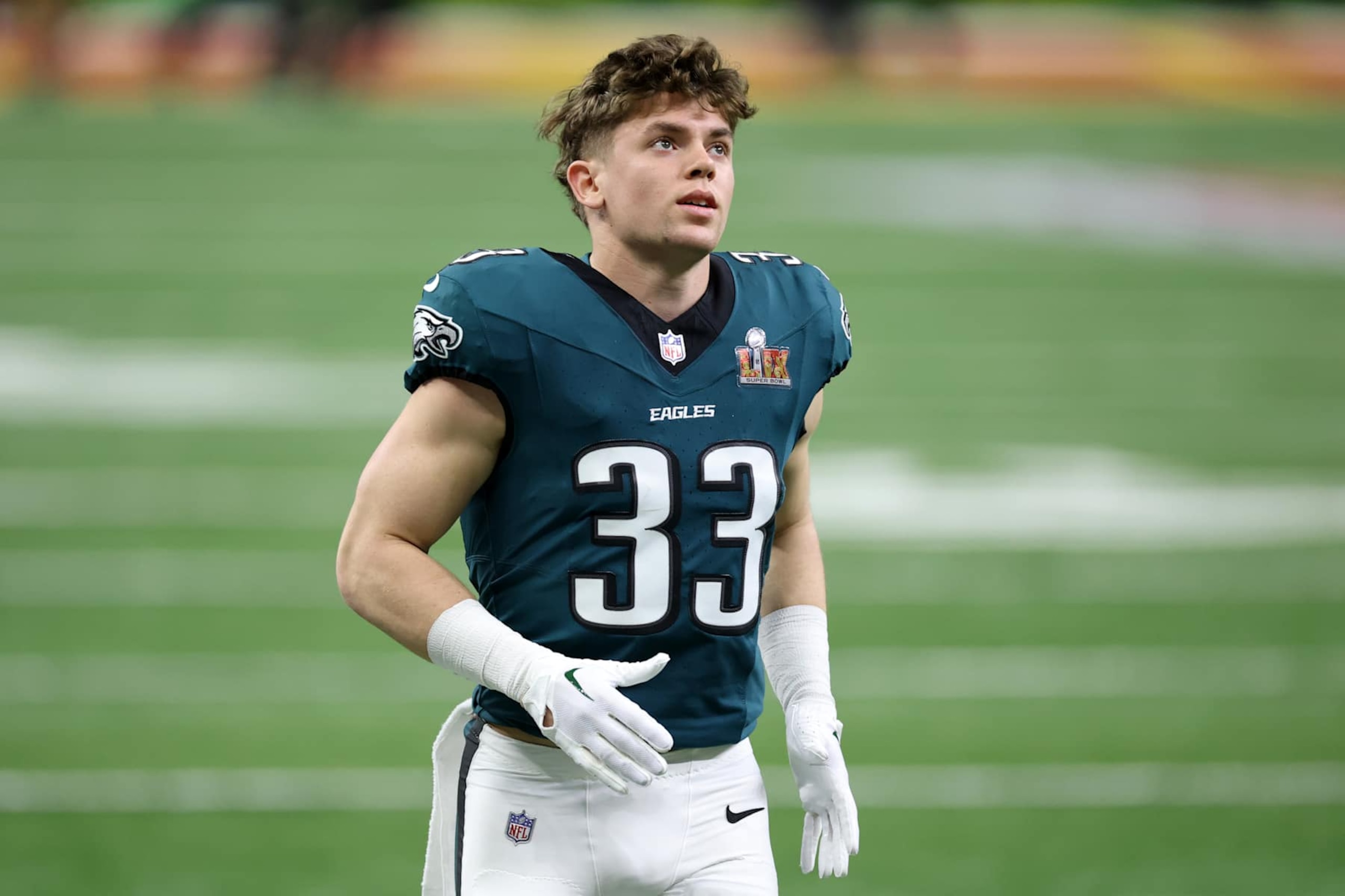 NEW ORLEANS, LOUISIANA - FEBRUARY 09: Cooper DeJean #33 of the Philadelphia Eagles jogs across the field before Super Bowl LIX against the Kansas City Chiefs at Caesars Superdome on February 09, 2025 in New Orleans, Louisiana. (Photo by Emilee Chinn/Getty Images)