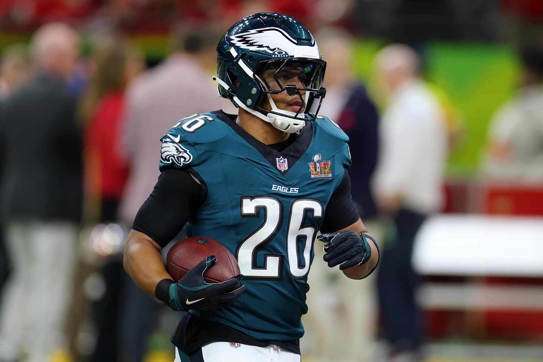 NEW ORLEANS, LOUISIANA - FEBRUARY 09: Saquon Barkley #26 of the Philadelphia Eagles warms up before Super Bowl LIX against the Kansas City Chiefs at Caesars Superdome on February 09, 2025 in New Orleans, Louisiana. (Photo by Gregory Shamus/Getty Images)