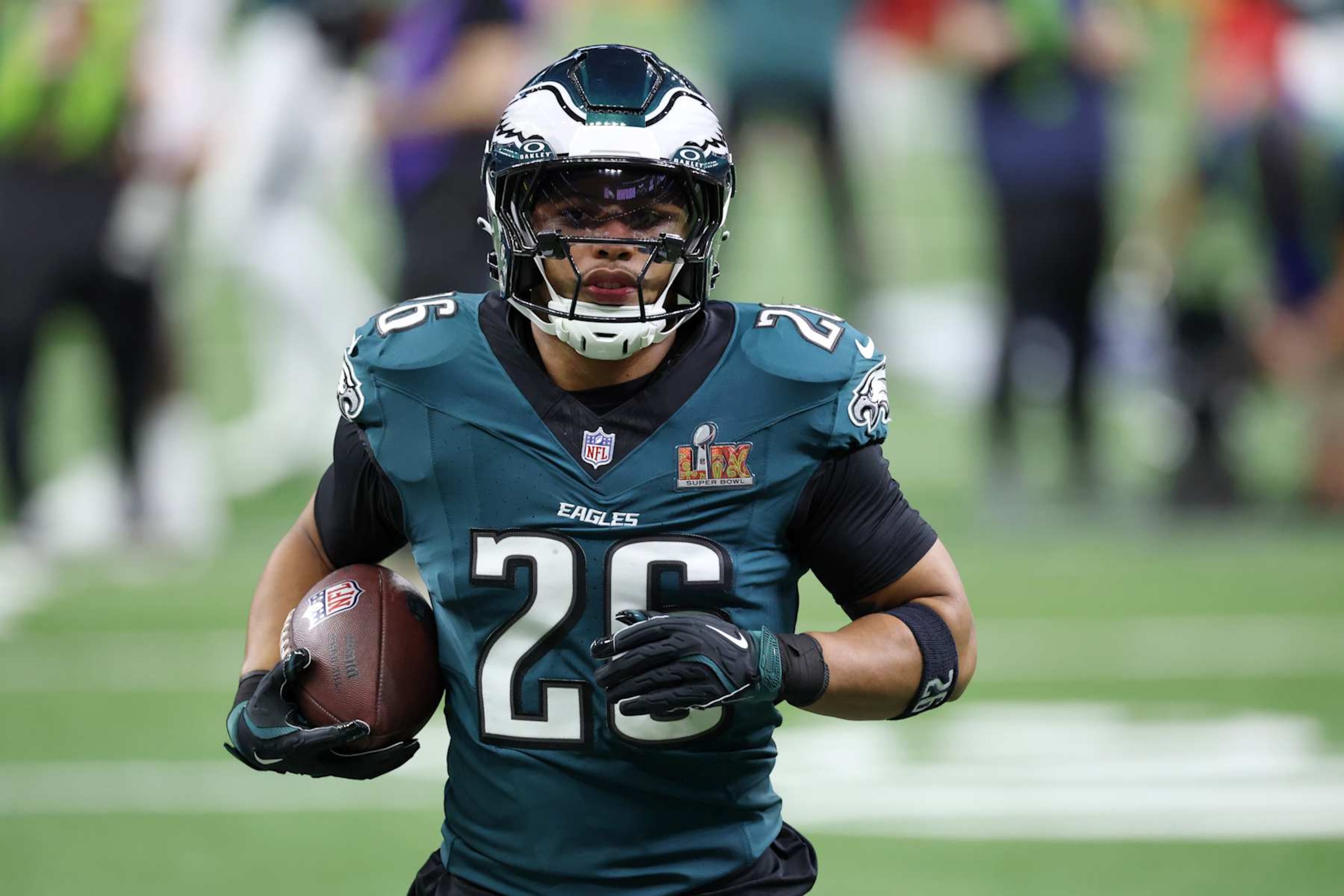NEW ORLEANS, LOUISIANA - FEBRUARY 09: Saquon Barkley #26 of the Philadelphia Eagles warms up before Super Bowl LIX against the Kansas City Chiefs at Caesars Superdome on February 09, 2025 in New Orleans, Louisiana. (Photo by Emilee Chinn/Getty Images)