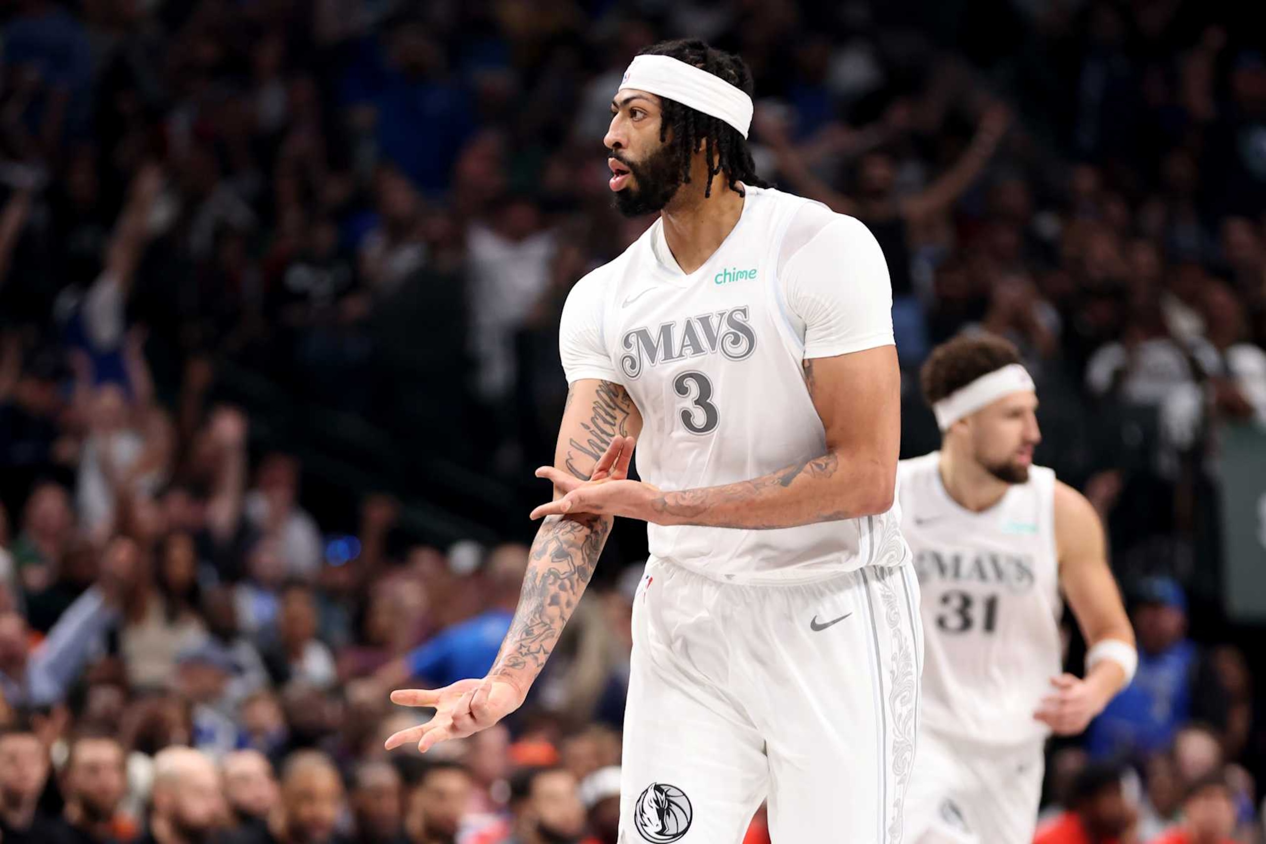 DALLAS, TEXAS - FEBRUARY 08: Anthony Davis #3 of the Dallas Mavericks reacts after making a three point basket against the Houston Rockets during the first quarter at American Airlines Center on February 08, 2025 in Dallas, Texas. NOTE TO USER: User expressly acknowledges and agrees that, by downloading and or using this photograph, User is consenting to the terms and conditions of the Getty Images License Agreement. (Photo by Tim Heitman/Getty Images)