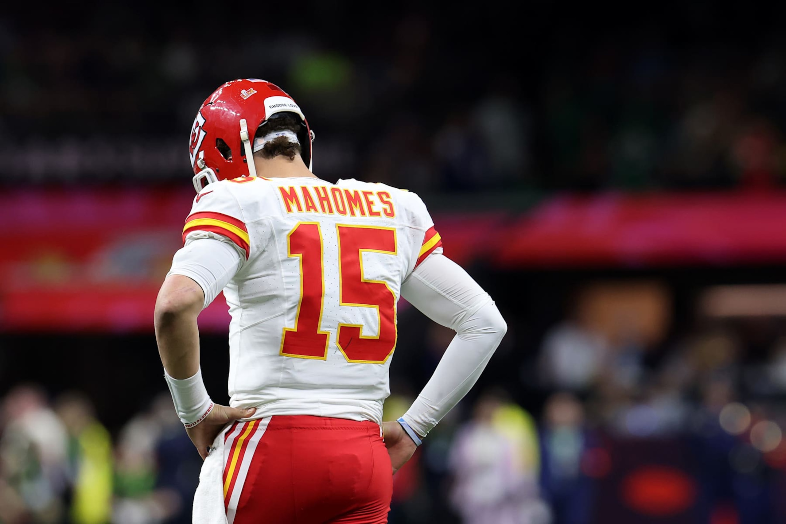 NEW ORLEANS, LOUISIANA - FEBRUARY 09: Patrick Mahomes #15 of the Kansas City Chiefs reacts in the second quarter against the Philadelphia Eagles during Super Bowl LIX at Caesars Superdome on February 09, 2025 in New Orleans, Louisiana. (Photo by Jamie Squire/Getty Images)